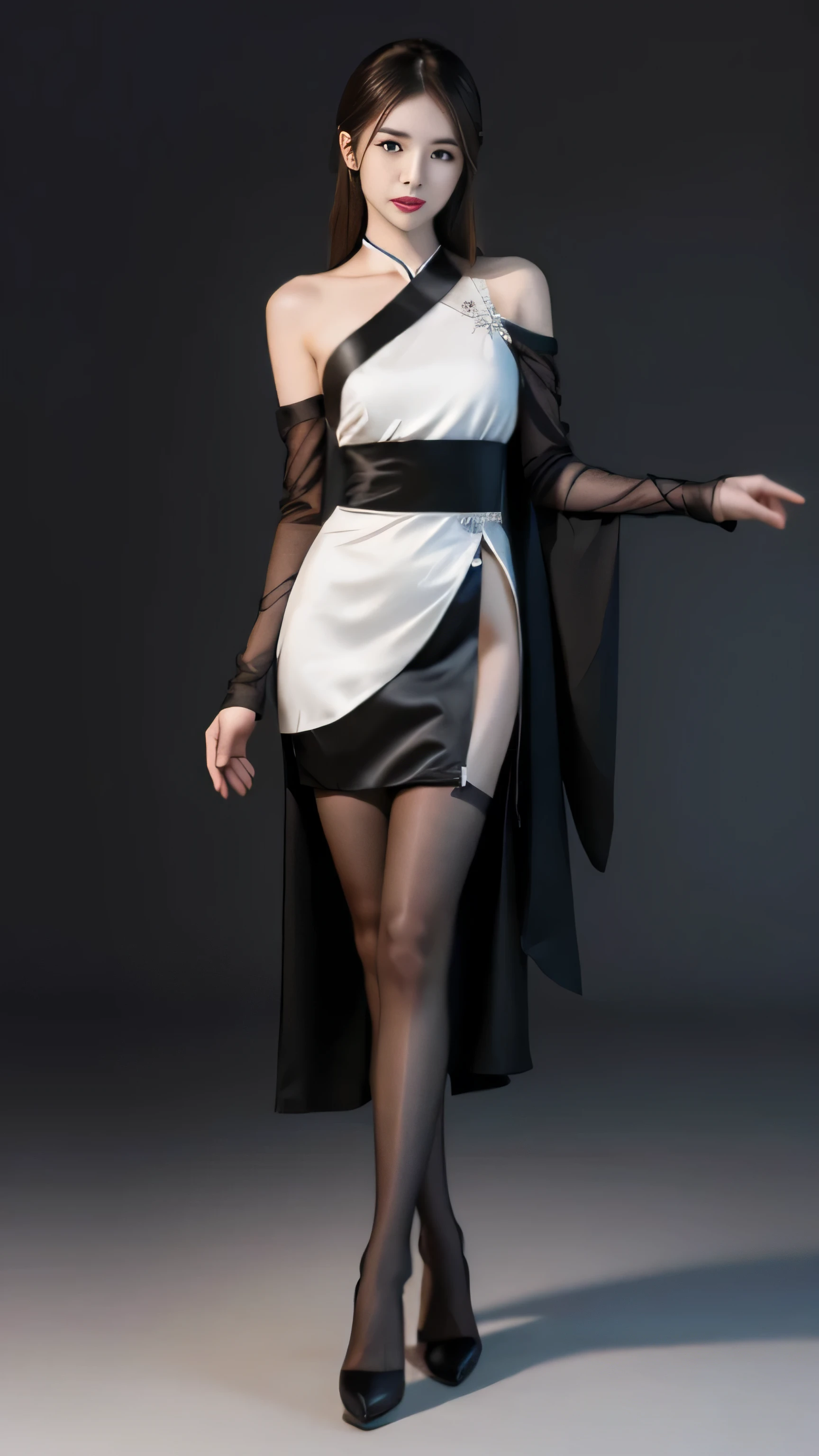 A girl，Standing，light，Wear black silk，（Hanfu），Short skirt，Sexy，wear high heel shoes，whole body，High Definition，Exquisite foot detail，Perfect high heels detail，Perfect fingers detail，（Knee-length black stockings），Chinese Girl，Chinese Beauty，Intellectual，Exquisite makeup，Long eyelashes，Brown hair，Clothes slipping off，Shoulder，Stiletto heels，detail，Clear proportions，Perfect body proportions，Light in the eyes
