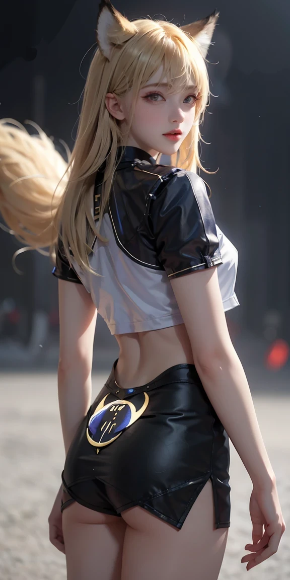 from back，Super Resolution, (Realism: 1.3), 1 (Slim: 1.2) Girl, Solo, Looking at the Audience, League of Legends, Fox, KDA Fox, Blonde Hair, Fox Ears, Fox Tail, Blue Coat, White Top, Black Skirt, Laser, Light Effect, Super Perfect Face, Perfect Eyes, Good Looking,Perfect Eyes