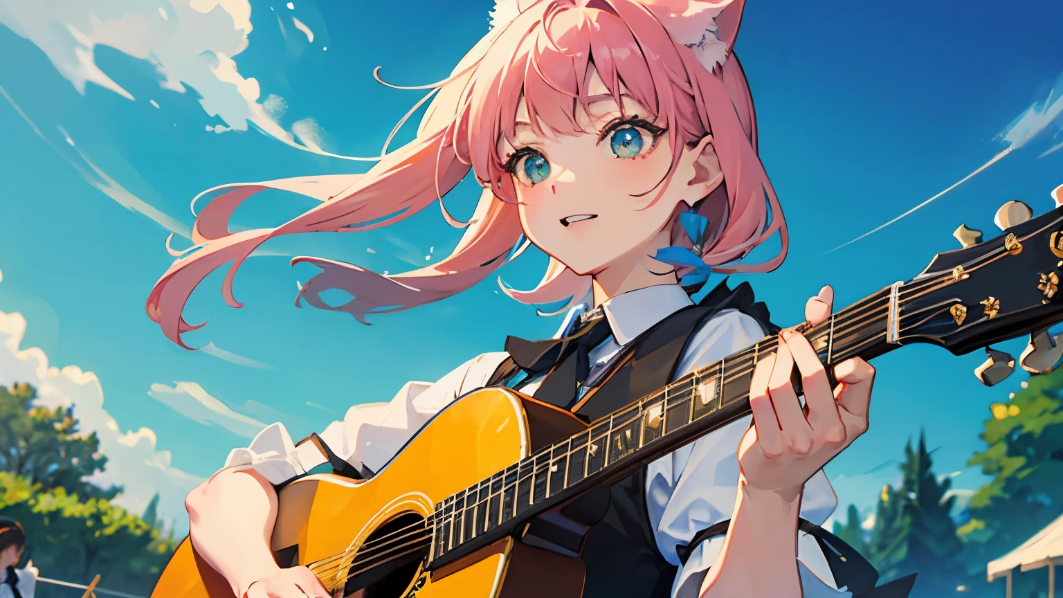 orchestra、All playing guitar、Cat-eared female conductor、green field, blue sky