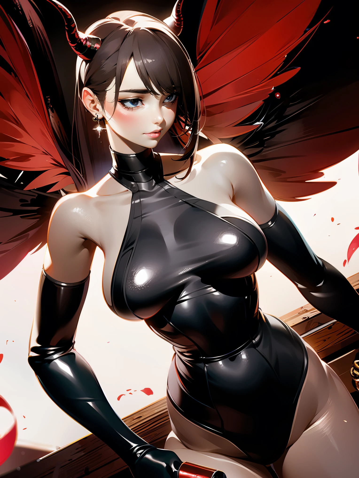demongirl,Anatomically correct:2,detailed eyes and face,long eyelashes,beautiful lips,[anatomically correct],demon wings,black horns,red glowing eyes,demonic aura,dark atmosphere,[graceful and alluring pose],enchanted garden background,[oil painting],[best quality],ultra-detailed,photorealistic,vivid colors,studio lighting，meat and alcohol over the background