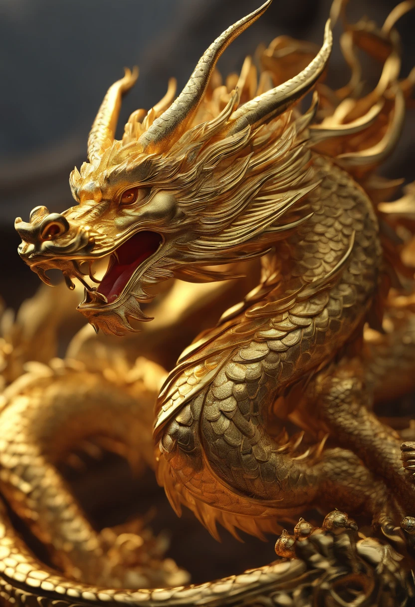 "Very beautiful golden Chinese dragon 3D rendering.,No wings,Dynamic representation, Vivid effects and details,Excellent image quality,high resolution,multiple colour, many coins, Gold ingot,Treasure"
