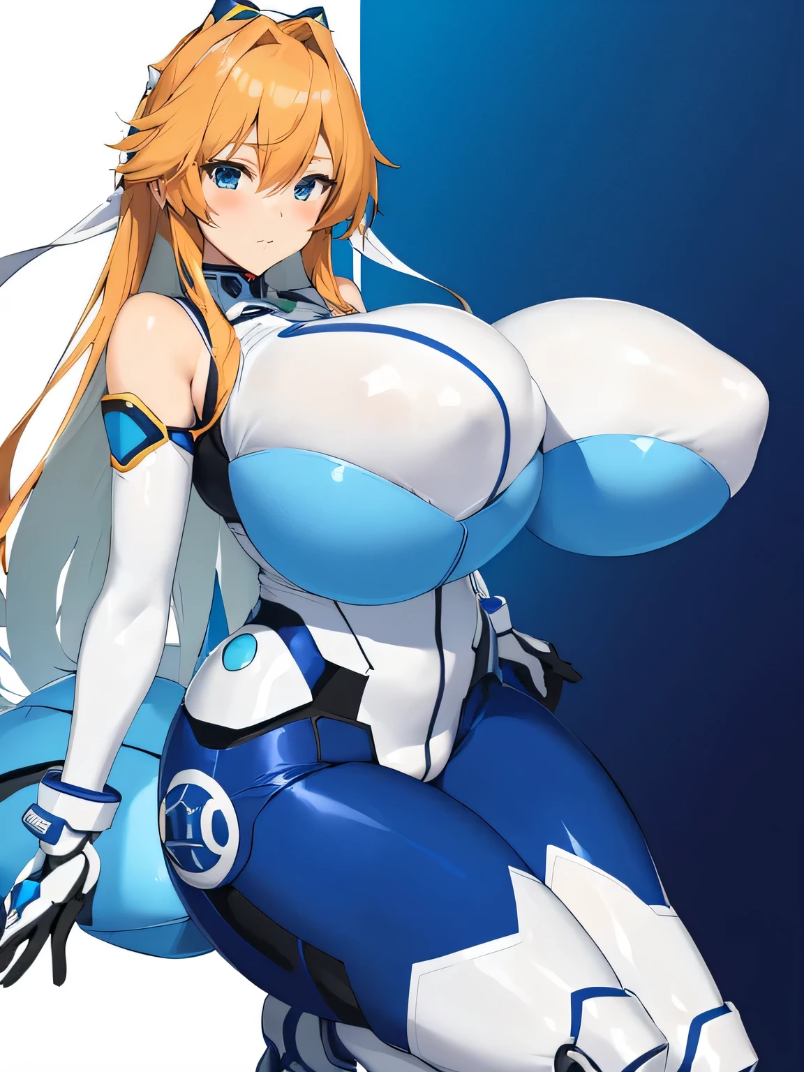 dressed in blue and white、Anime girl holding blue and white object, tits, biomechanical tits, tits proportions, Asuka Suit under clothes!, full body zenkai! Asuka Suit, Big Breasts!, Big Breasts!!, sfw Big Breasts, have large breasts, thick