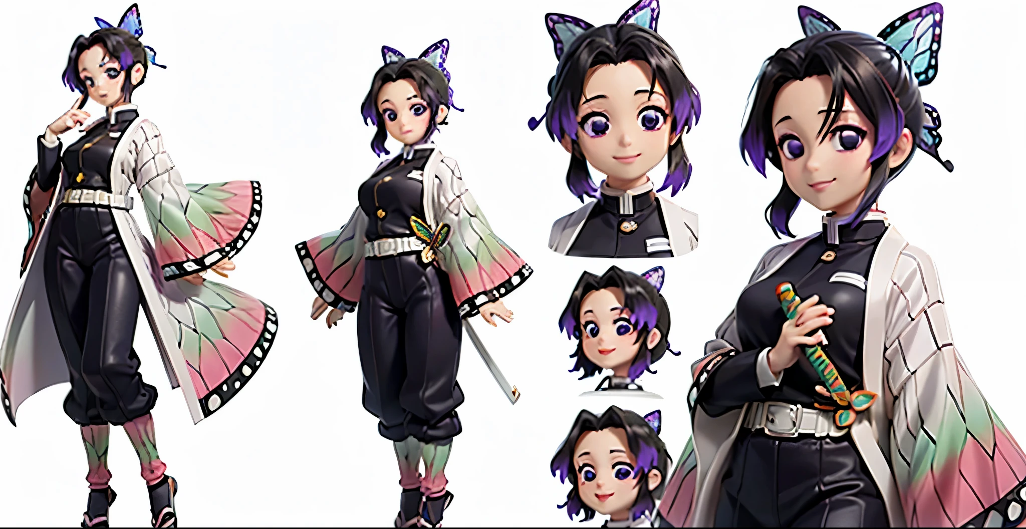 2D, model reference sheet of Shinobu Kochou, Chibi, Big head, hands and feet, Standing Pose with arms spread, white background, front and side views, multicolored hair, no bangs, hair intakes, purple eyes, forehead, black shirt, black pants, haori, butterfly, buttons, belt, gentle smile, nendoroid, anime,