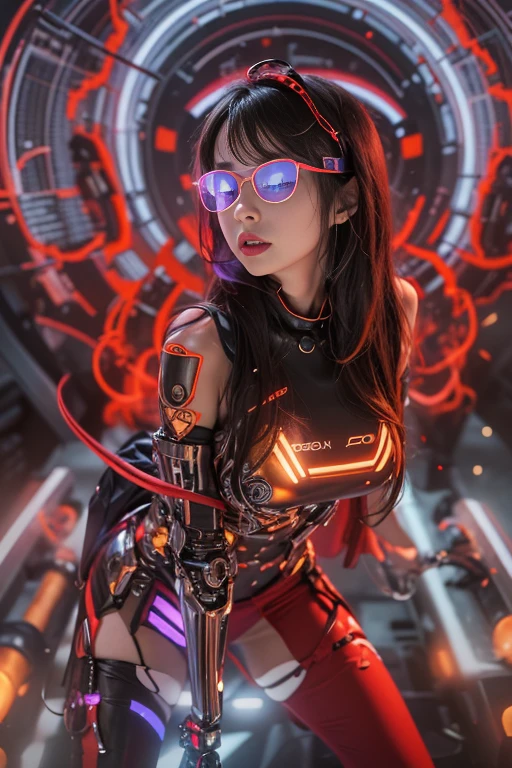 optical reality，hips up,Young woman in futuristic cybernetic costume，There was a bright neon glow from the Body Machinery.,red and gold pattern，sexy pose，Emphasis on sharp focus，Fog amount，Digital SLR camera，Simple city blur background，A large gear was abandoned.....