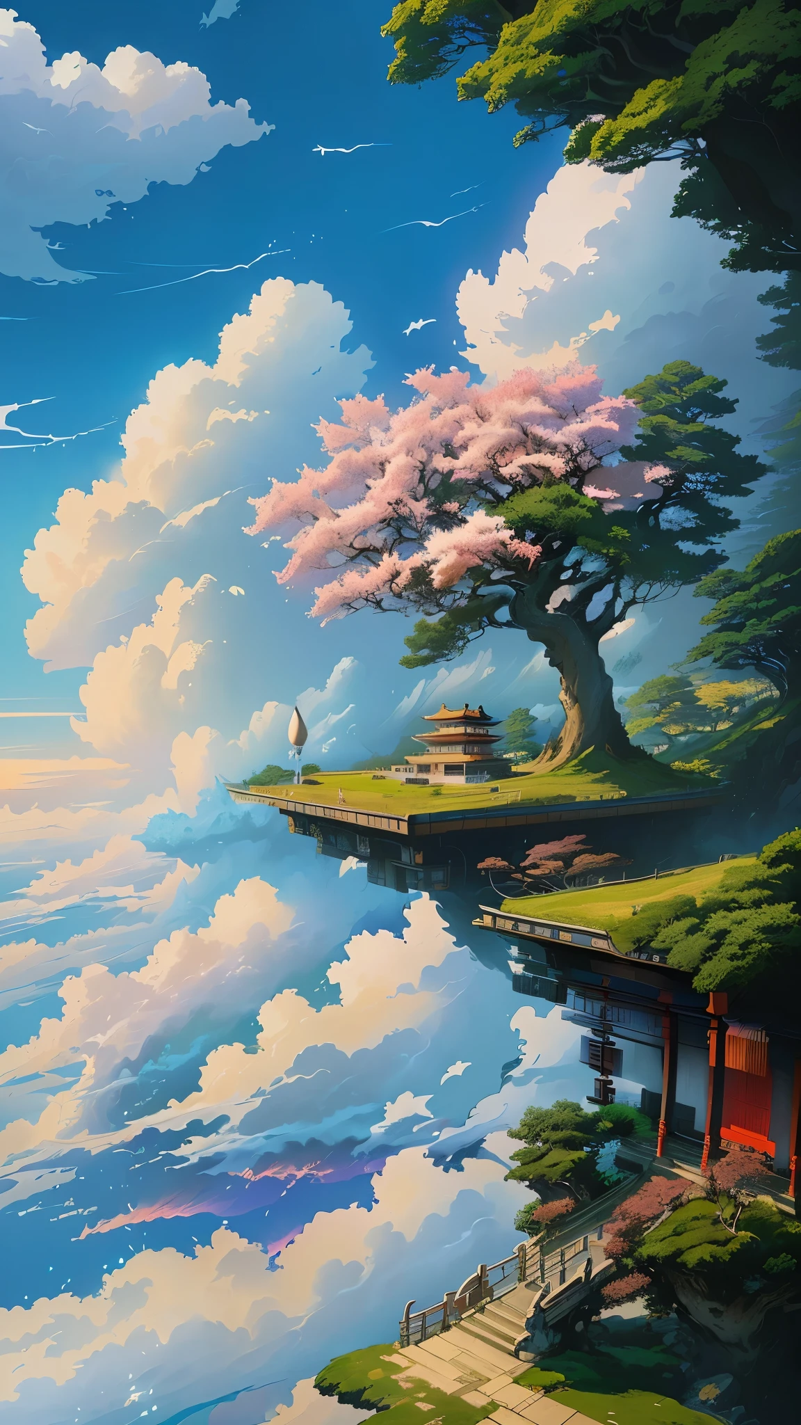 painting of a Shinto shrine on a cliff above the clouds, makoto shinkai cyril rolando, cyril rolando and goro fujita, floating island in the sky, amazing wallpaper, island floating in the sky, dream scenery art, inspired by Cyril Rolando, cyril rolando and m.w kaluta, cyril rolando and m. w kaluta