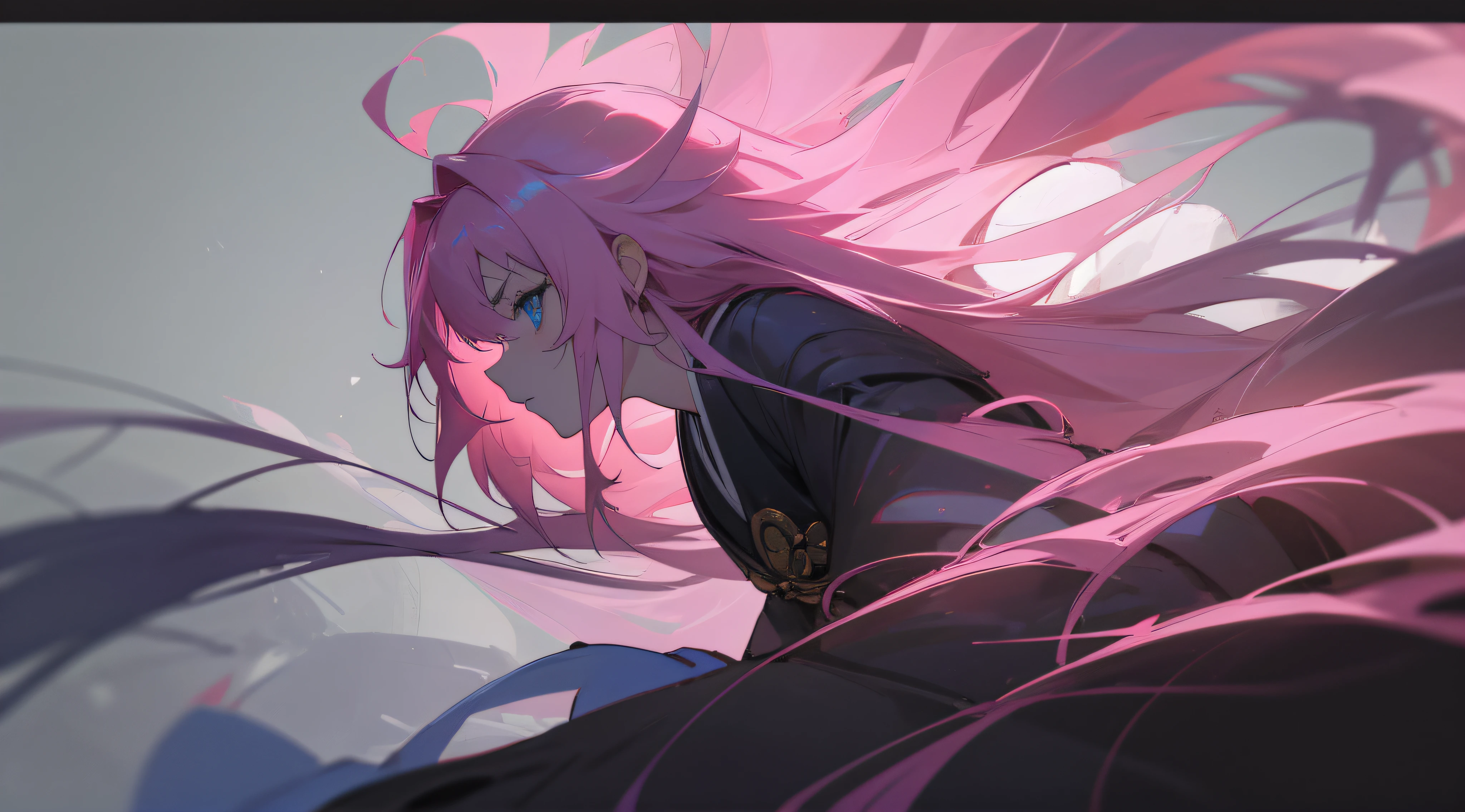 top-quality,Master Parts,超A high resolution,(depth of fields) , Professional Lighting, Physically-based rendering,perfect anatomia, Ultra extreme detail CG unit 8K wallpaper,Break Samurai,(Japan Alomul),clavicle,(blue eyes),Semi-fechad_The eye ,double tails,(absurdly long hair),(messy floating pink hair),The large_breastsout,Head Chute, Side view,Face profile