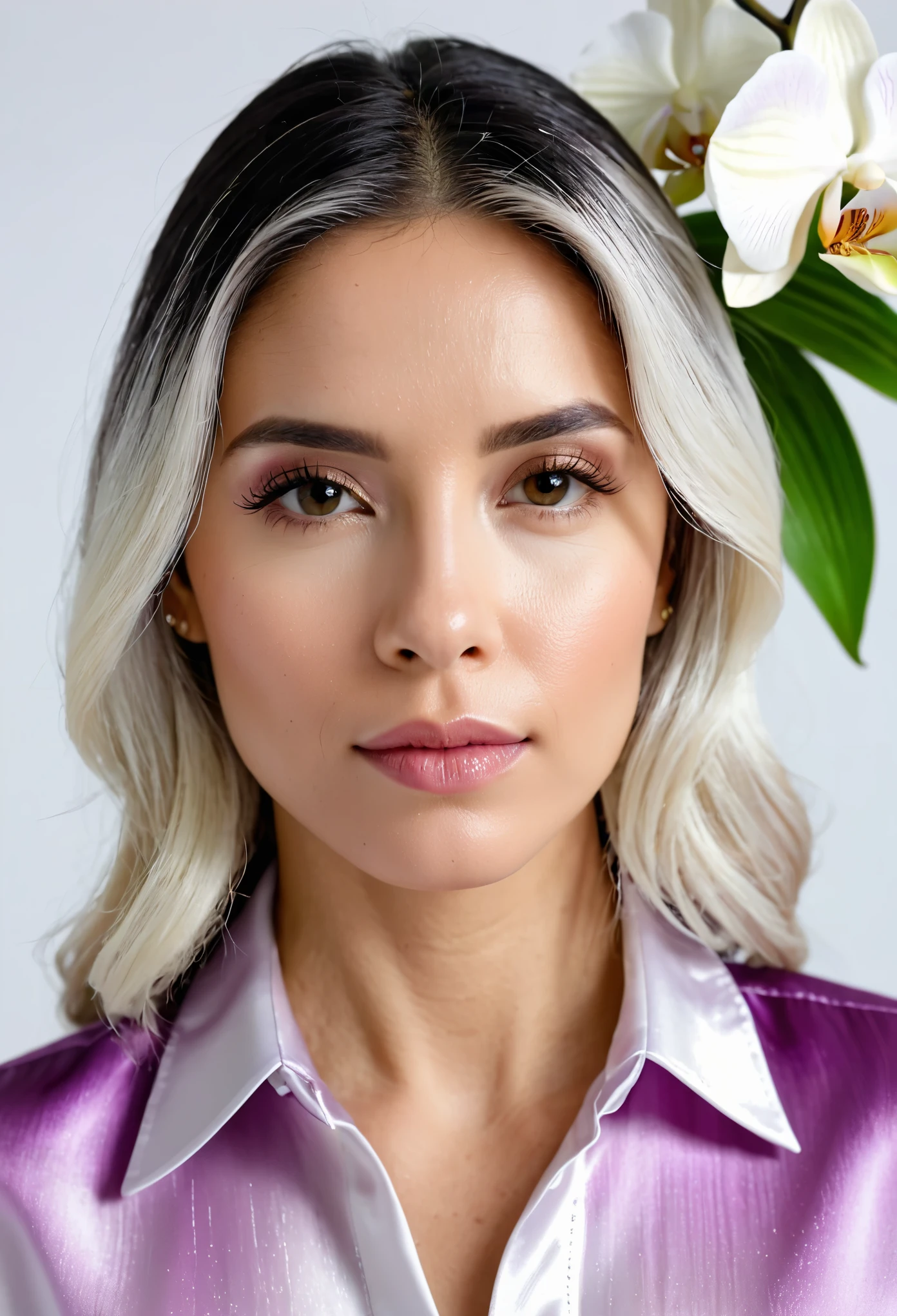 american 30yo woman, close-up portrait with orchid flower, wearing satin shirt, white background, brushed ombre hair, professional, 4k, 55mm lens, facing front, no make-up