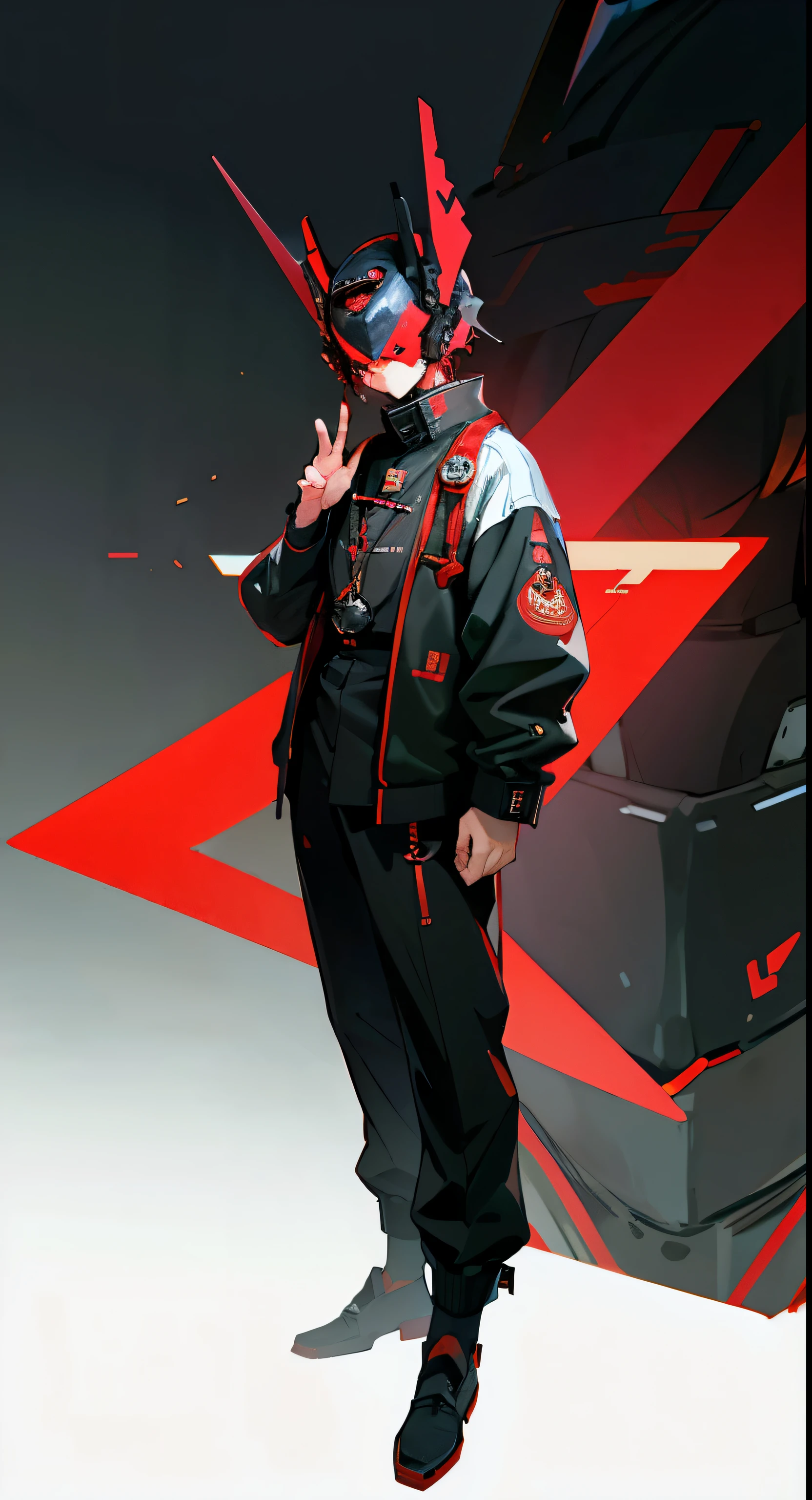 masterpiece, best quality, A close-up shot of a futuristic boy,China is black and impermanent,The traditional image of Hei Wuchang,Tradition meets modernity,Chinese style,Wearing a fantastic cyber helmet,Red triangle LED light and halo on the helmet, Wearing a black Techwear jacket with "Peace in the World" written on it, Full body white background