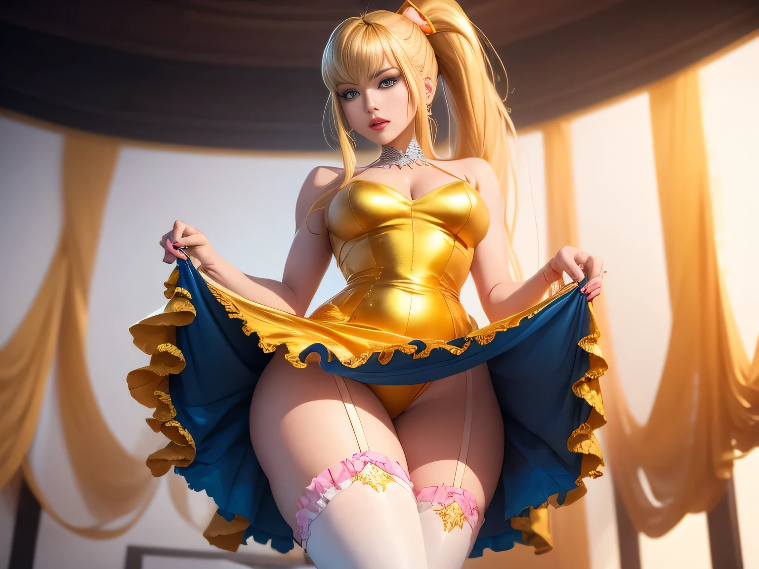 Samus aran, blue eyes, stunning proportions, white background, long hair, ponytail, detailed, full body shot, pink lipstick, in love with the viewer, orange and gold dress, from below, ((frilly)), puffy, thighhighs, high heels, fancy ball dress, bows, gems, upskirt, gold accents