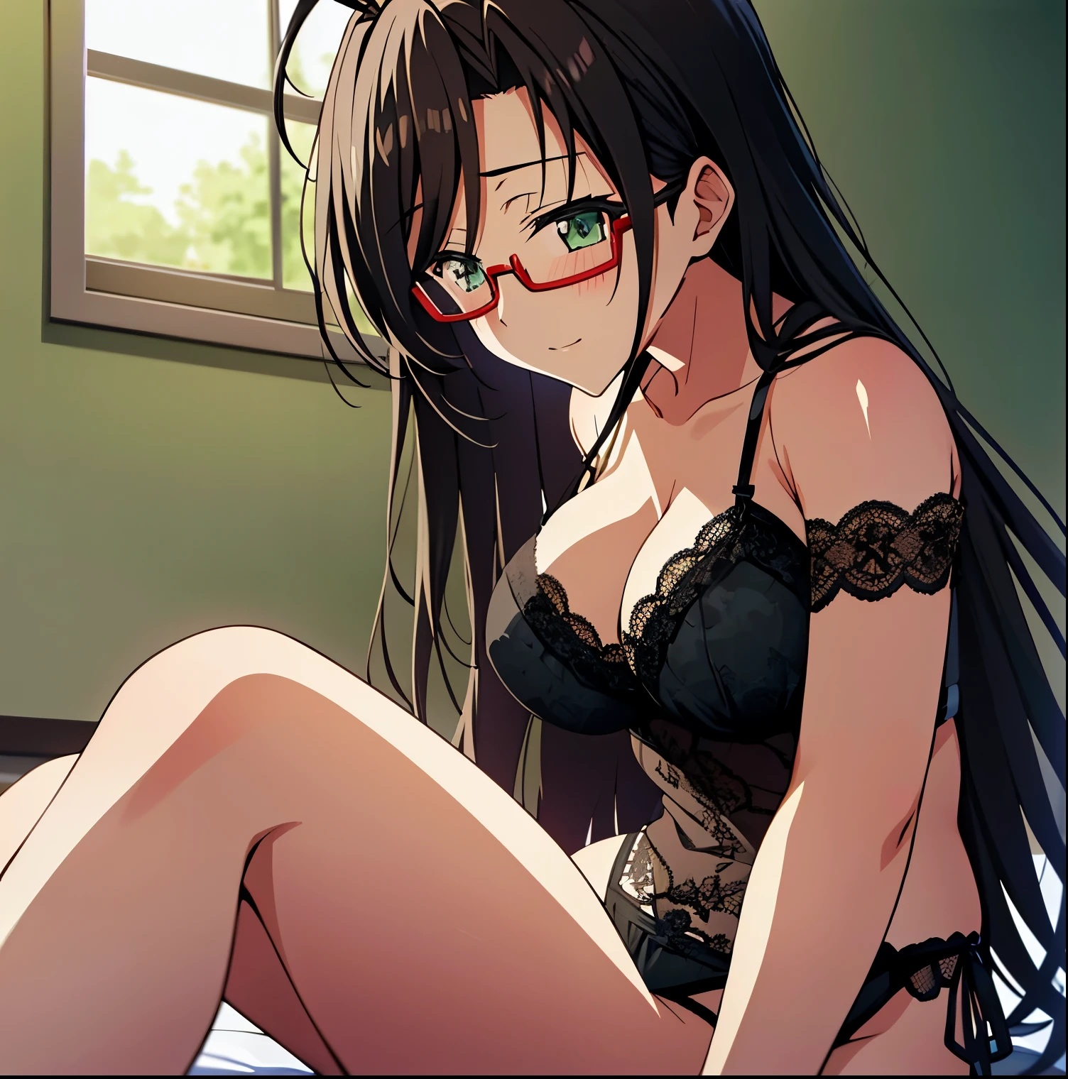 Chisato Hasegawa, 1 girl, alone, glasses, antennae hair, long hair, black hair, lingerie, green lace bra, green lace thong, big breasts, medium waist, wide hips, medium thighs, sitting on bed, legs open , seductive, sexy posture, Half-rimmed glasses, indoors, from below (masterpiece, Best quality, Extremely detailed, Ultra quality, 4k), perfect anatomy, perfect hands