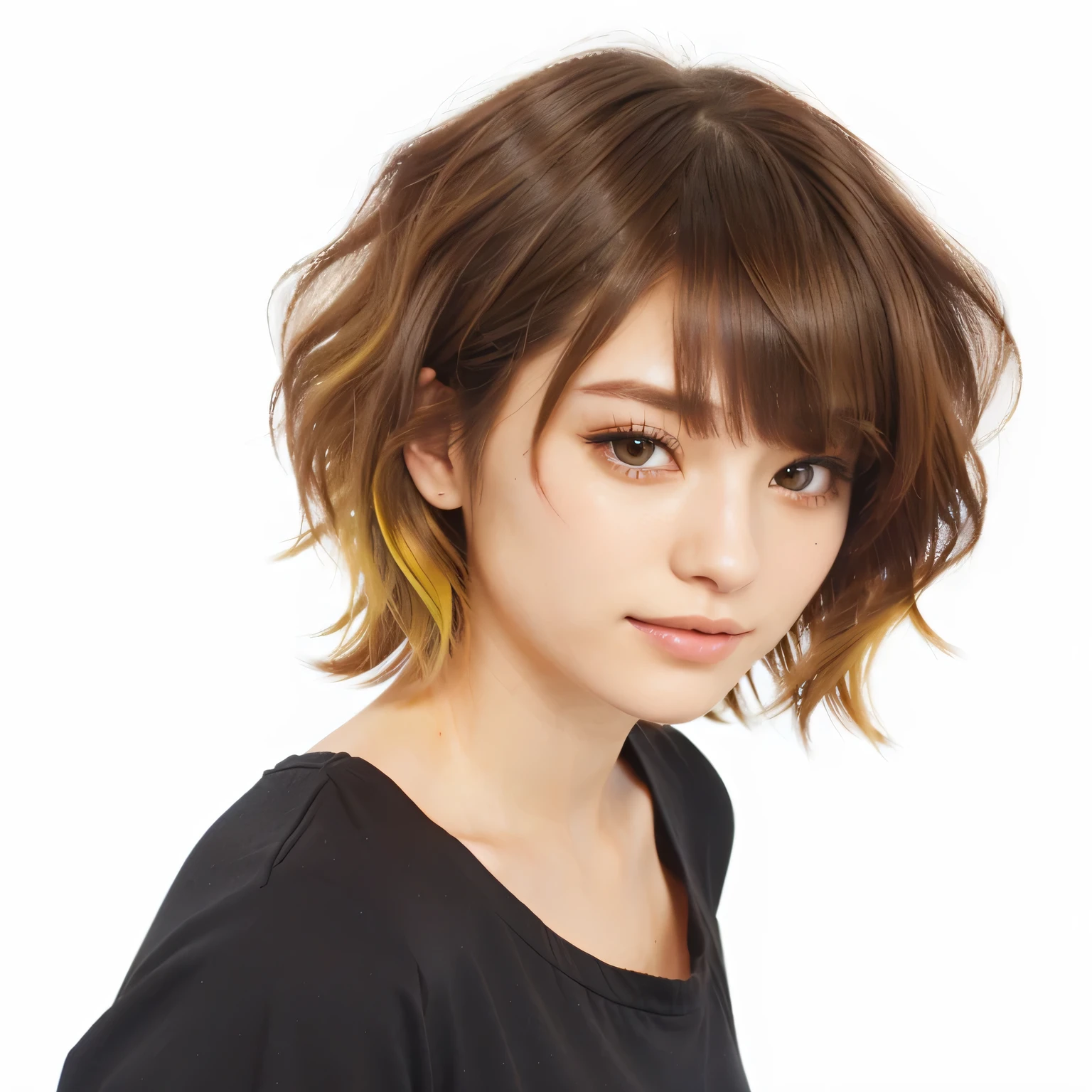 arafed woman with a short brown hair and a black top, with short hair, short - medium length hair, with short hair with bangs, medium short hair, black hime cut hair, purple ceylon eyes colour, kasumi arimura style 3/4, with a bob cut, short to medium length hair, short brown hair with bangs, middle length hair, sayori, little bit yellow hair