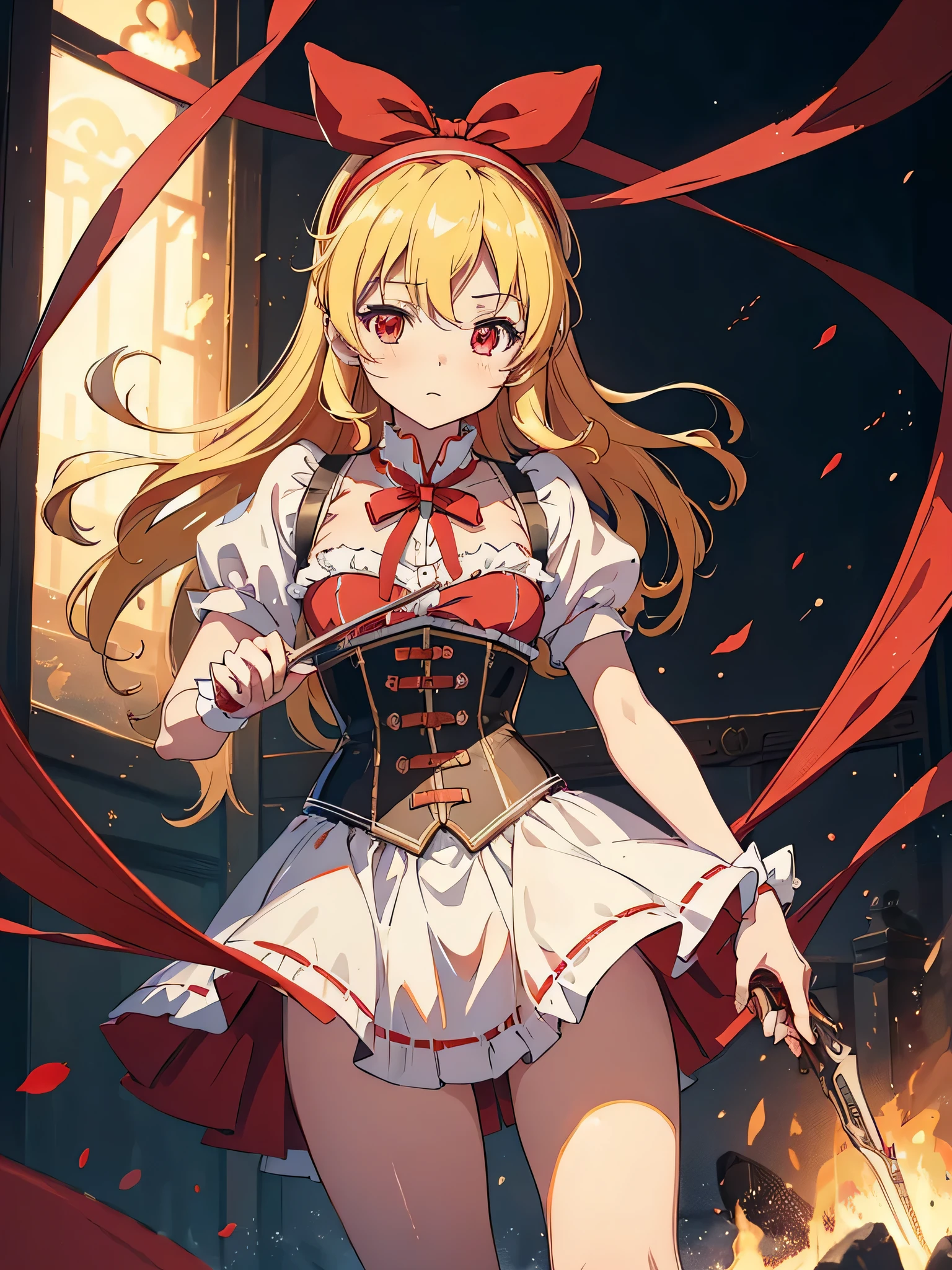 (red ribbon on hairband:1.2),(8K, best quality, muste piece:1.2)、ultra high resolution,1 very cute girl,hosimiya ichigo,ultra-detailed face, detailed eyes,RED eyes,mahou shoujo madoka magica,tomoe mami, blonde hair,magical girl,corset,beret,magical musket,
