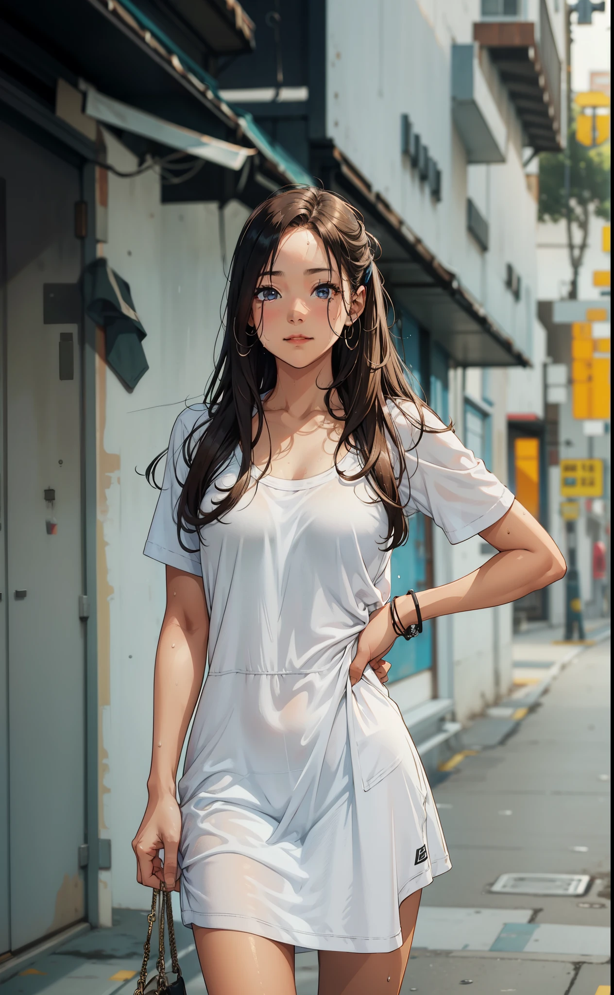 girl, sweat, medium breast, shy, detailed hand, looking at viewer, dynamic shadows, slight smile