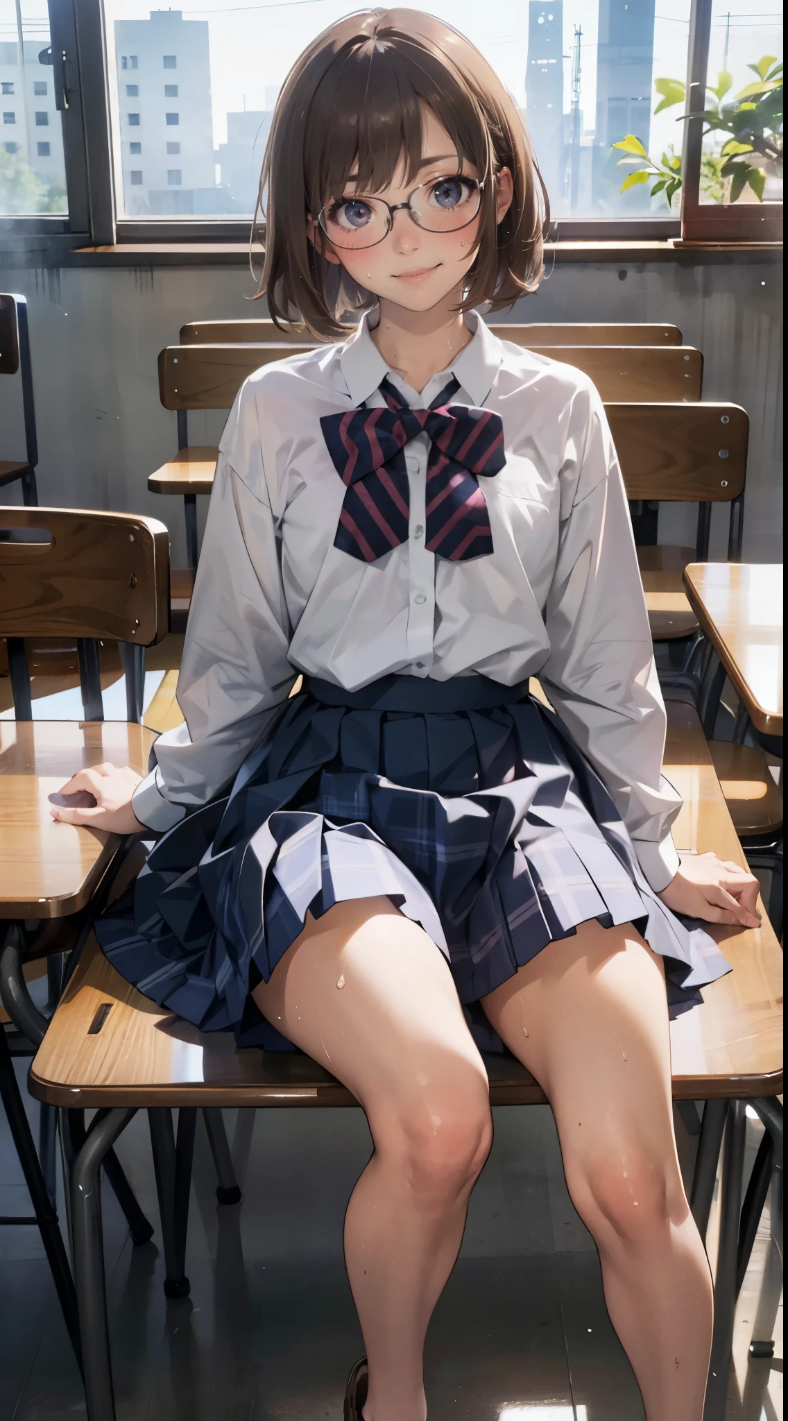 (super flat, flat shading), Honors Type, Really blushing, 17 years old, high school girl, wearing long sleeve shirt and plaid pleated mini skirt, Short bob cut brown hair, Glasses, sweaty healthy body, mesugaki smile, bare legs, loafers, ultra realistic, early morning, breeze skirt lift, (sitting), in crowded classroom,