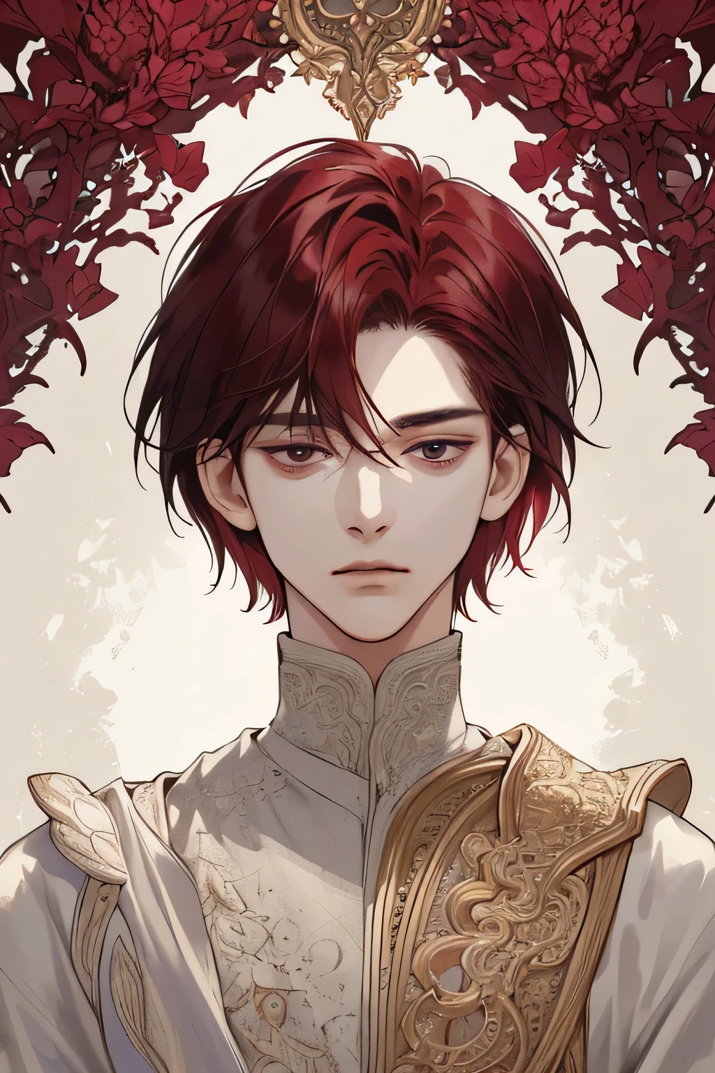 (extreamly delicate and beautiful:1.2), 8K,(masterpiece:1.0),(best_quality:1.0), 1 Boy, and intricate detailing, Enlarged textures, and intricate detailing, finely eye and detailed face, and intricate detailing, shiraga, maroon red short hair, (closed mouths), Perfect eyes, Equal eyes, black eyes (A Male god) sword master
Look at camera