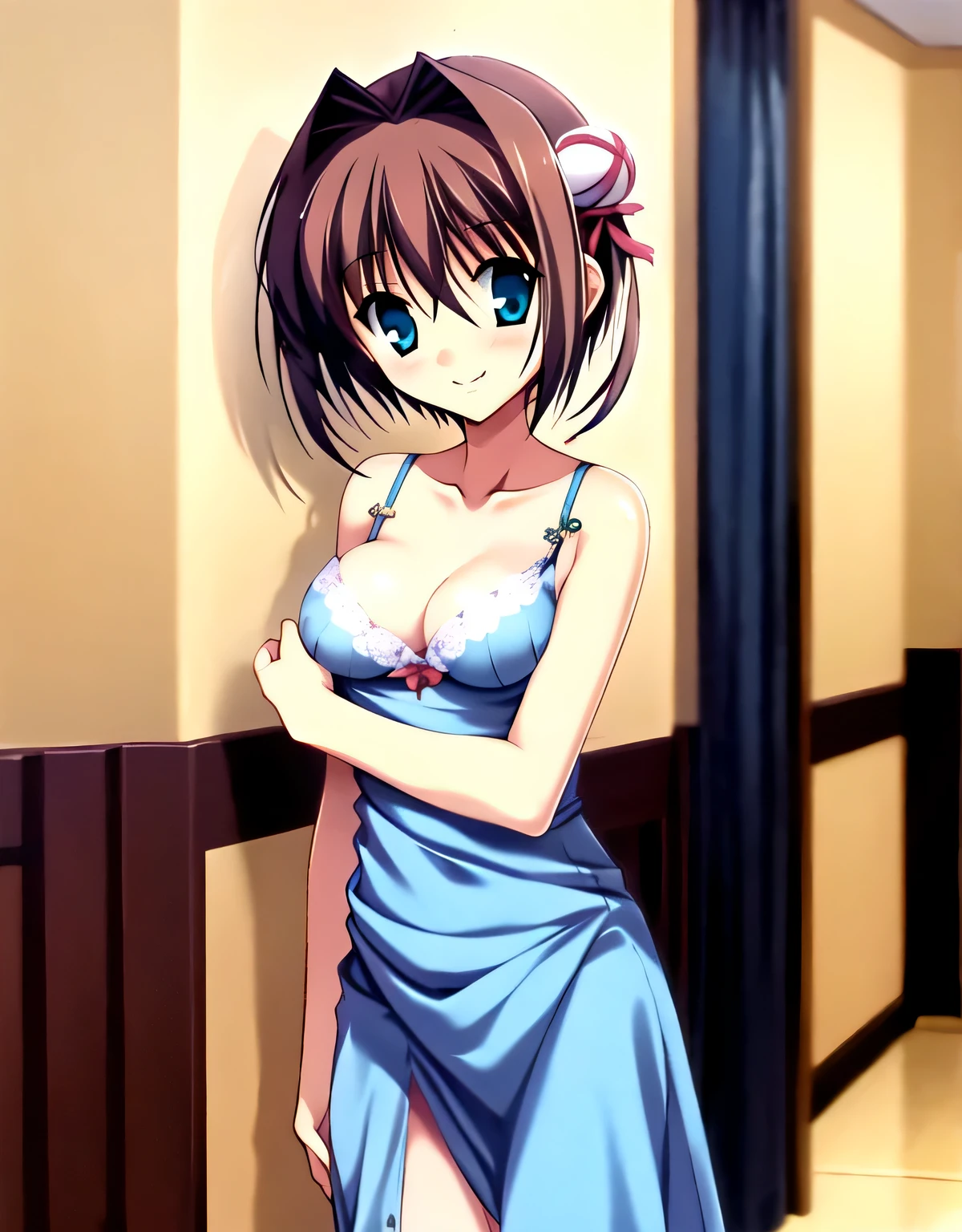 asakura_yume,Brown Hair,Medium Chest,Aqua Eye,White skin,In town,((Are standing)),smile,((breast enhancement)),(((Navy Blue_Camisole long dress_Knee-length))),((valley)),No bra,smile,