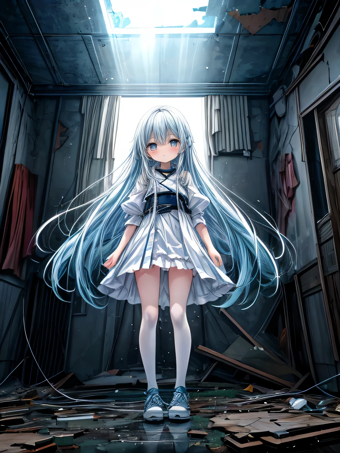 Masterpiece, best quality, extremely detailed, (illustration, official art: 1.1), (((((1 girl))))), ((light blue long hair))), light blue hair, 10 years old,  ((blush)), cute face, big eyes, tareme, masterpiece, best quality, ((a very delicate and beautiful girl)))), ,  girl,amazing, beautiful detailed eyes, blunt bangs (((little delicate girl)))), tareme (true beautiful: 1.2),,  and sweet,(Composition looking up from a low position)、,1girl,fullbody,


，White trench coat with black hard vest armor，A tactical belt hangs a black pocket，Black slim trousers with leggings,
(((High quality))), (((Ultra-detailed))), ((half body Shot)), a  with teddy bear, ((blue Glowing eyes)), ((looking distantly)), ((Light is illuminating the head)),, Inside an abandoned house, ((Sunlight shines through a broken window in the background)), (((psychedelic lights flit around the ruined abandoned room))),, flooded basement, rotten basement, moldy dark basement, broken, and you&#39;re starting to understand my timid self.