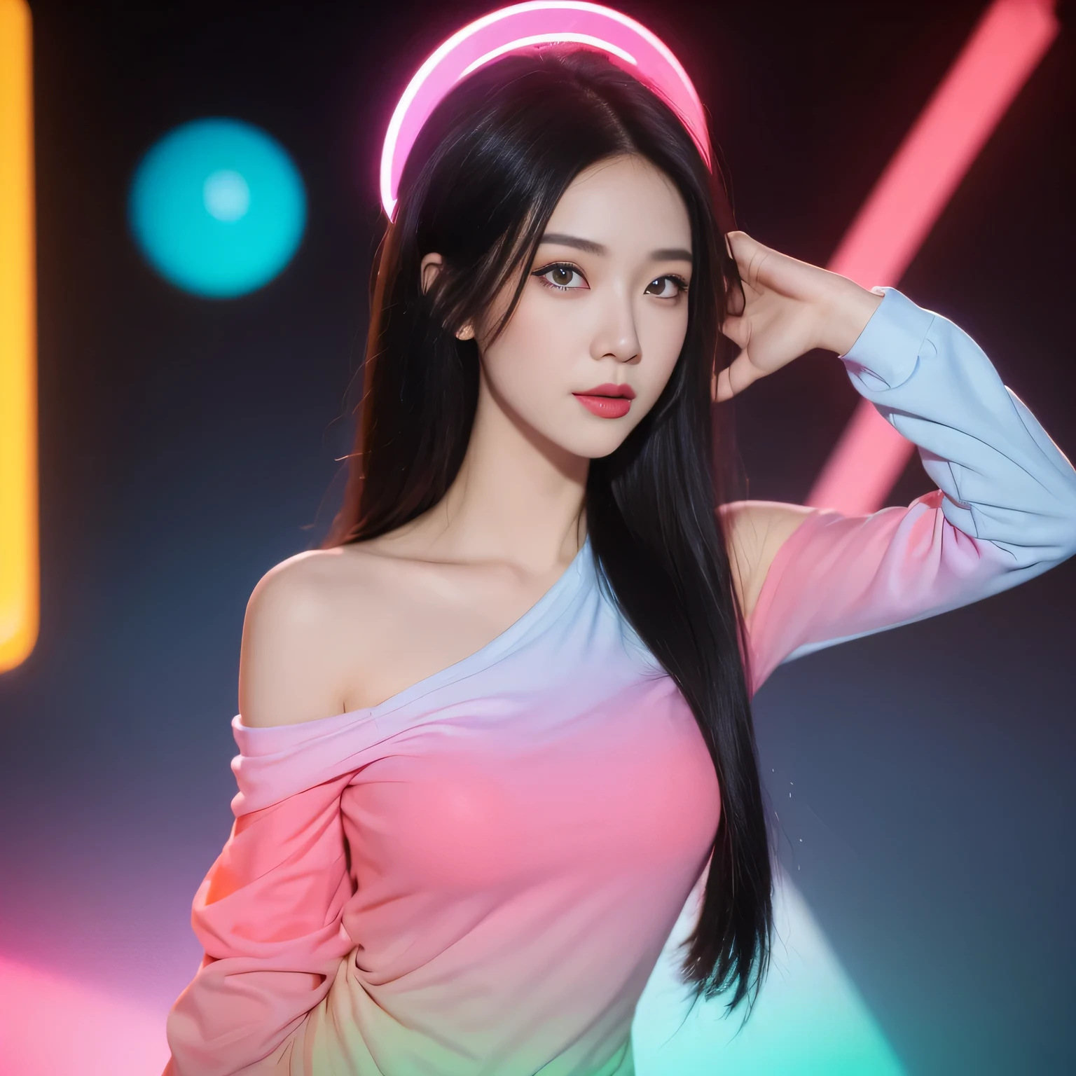 black hair, hair bobbles, wince, longeyelashes, solid circle eyes, light smile, ear blush, fang, Surrealism, drop shadow, anaglyph, stereogram, tachi-e, pov, atmospheric perspective, 8k, super detail, ccurate, best quality,Black Hair, Hair shaking, victory, Long eyelashes, Solid round eye, A faint smile, ears red, direction, Surrealism, shadow, Relief, Stereogram, Standing picture, View, Atmospheric perspective, 8k, Super Detail, precise, best quality,(masterpiece), best quality, Ultra-high resolution,, Cyberpunk, 1 girl, Amazing city views ,Hoodies,Blue Hair, Very long hair, Off-shoulder, Feather hair accessories, (gradient neon color:1.5), flash, Movie Lighting, Reality, Realistic skin, HDR, Fisheye