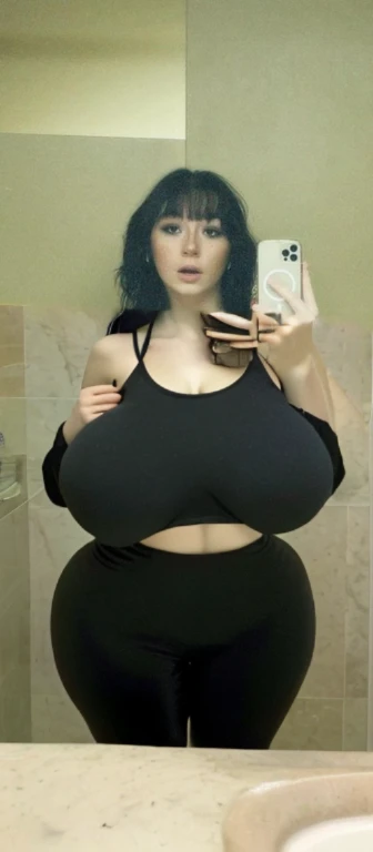 arafed woman taking a selfie in a mirror with a cell phone, with pale skin, she looks like a mix of grimes, goth girl aesthetic, 1 7 - year - old goth girl, looks like a mix of grimes, goth aesthetic, pale goth beauty, looks a blend of grimes, very very very pale white skin, resembling a mix of grimes, Big tits, huge tits, no clothes, sexy, cute, wide hips, thick thighs, pear-shaped body, minimal clothes, thick, bbw, chubby stomach, thick nipples, nipple piercings, large areola, hard nipples, piercing through shirt, nipples hard through shirt, busty, major cleavage, naked, ripping through top, spilling over sides, bra too tight, giant , dominatrix, dominatrix clothes, revealing clothes, ass so fat you can see it from the front, extra wide hips, bursting out of tight clothes, grabbing ass, upper body