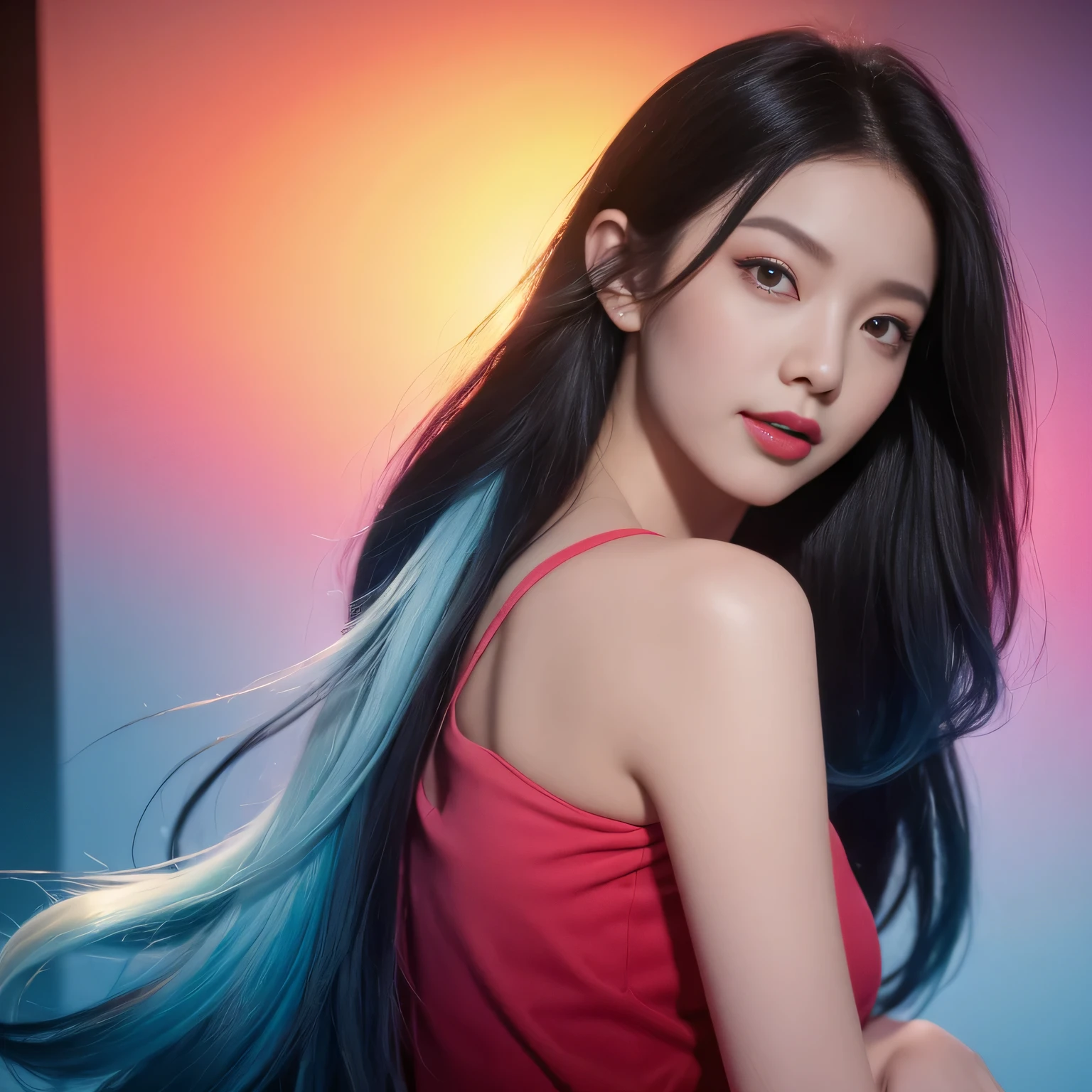 black hair, hair bobbles, wince, longeyelashes, solid circle eyes, light smile, ear blush, fang, Surrealism, drop shadow, anaglyph, stereogram, tachi-e, pov, atmospheric perspective, 8k, super detail, ccurate, best quality,Black Hair, Hair shaking, victory, Long eyelashes, Solid round eye, A faint smile, ears red, direction, Surrealism, shadow, Relief, Stereogram, Standing picture, View, Atmospheric perspective, 8k, Super Detail, precise, best quality,(masterpiece), best quality, Ultra-high resolution,, Cyberpunk, 1 girl, Amazing city views ,Hoodies,Blue Hair, Very long hair, Off-shoulder, Feather hair accessories, (gradient neon color:1.5), flash, Movie Lighting, Reality, Realistic skin, HDR, Fisheye