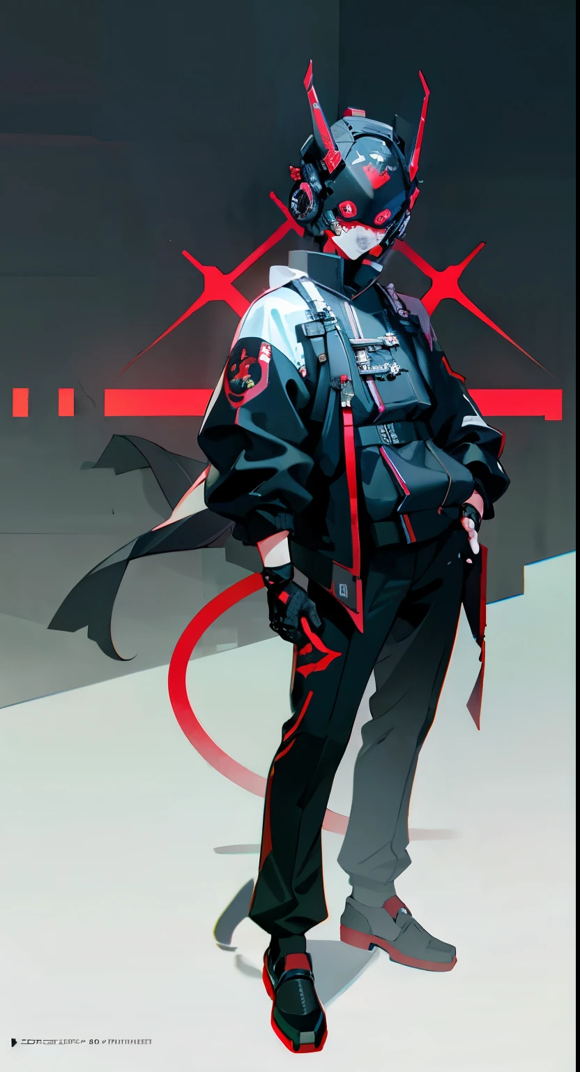 masterpiece, best quality, A close-up shot of a futuristic boy,China is black and impermanent,The traditional image of Hei Wuchang,Tradition meets modernity,Chinese style,Wearing a fantastic cyber helmet,Red triangle LED light and halo on the helmet, Wearing a black Techwear jacket with "Peace in the World" written on it, Full body white background