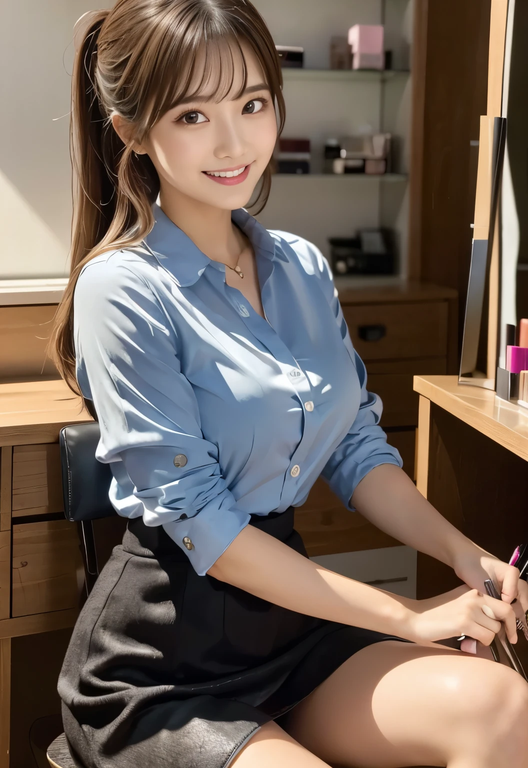 masterpiece, best quality:1.1), (8k, raw photo, photo realistic:1.2, f22), (shiny skin), detailed skin,long hair,detailed face, detailed eyes, smile,BREAK, real world, intricate details, smil, BREAK, 1girl, (blouse,skirt,Blue), BREAK, (Makeup room:1.4), BREAK