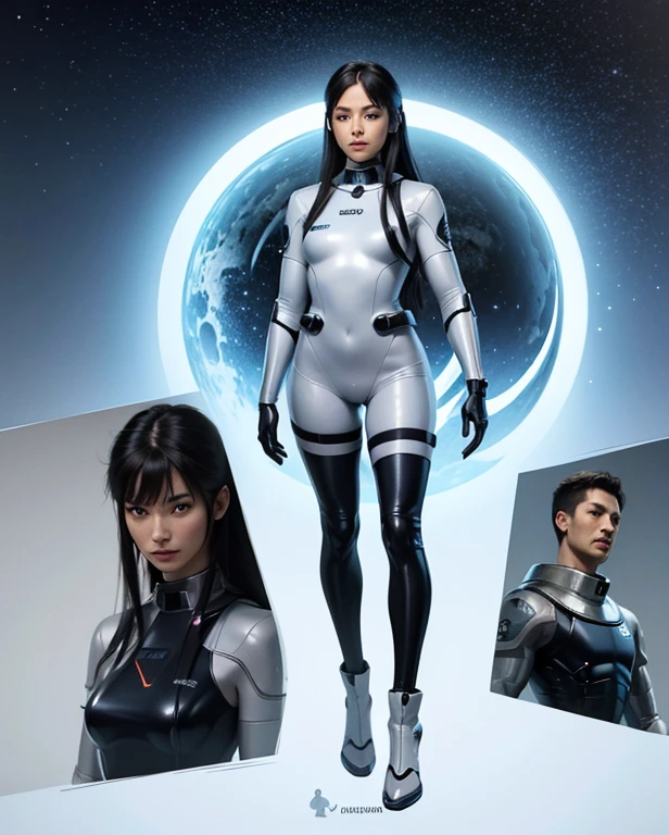 there is a picture of a woman in a space suit, fully space suited, detailed full body concept art, eva unit-00 in the back, futuristic starship crew member, clothed in space suit, scifi character, full body concept art, clothed in cyber armour, space pressurized suit, full portrait of electromancer, full body concept
