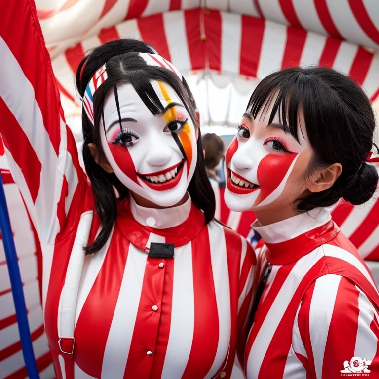 live-action Multiple people Inside the circus tent Twin clowns slowly take off each other's costumes々He has changed into an enamel rubber suit. Enamel Zentai Japanese Clown makeup Red and white striped pattern wet&messy