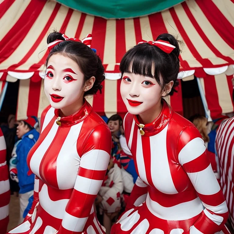 live-action Girl kindergartener Multiple people Inside the circus tent Twin clowns slowly take off each other's costumes々He has changed into an enamel rubber suit. Enamel Zentai Japanese Clown makeup Red and white striped pattern wet&messy