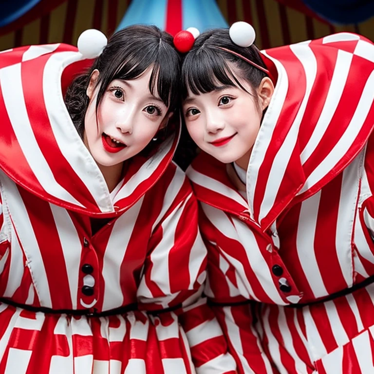 live-action Multiple people Inside the circus tent Twin clowns slowly take off each other's costumes々He has changed into an enamel rubber suit. Enamel Zentai Japanese Clown makeup Red and white striped pattern wet&messy
