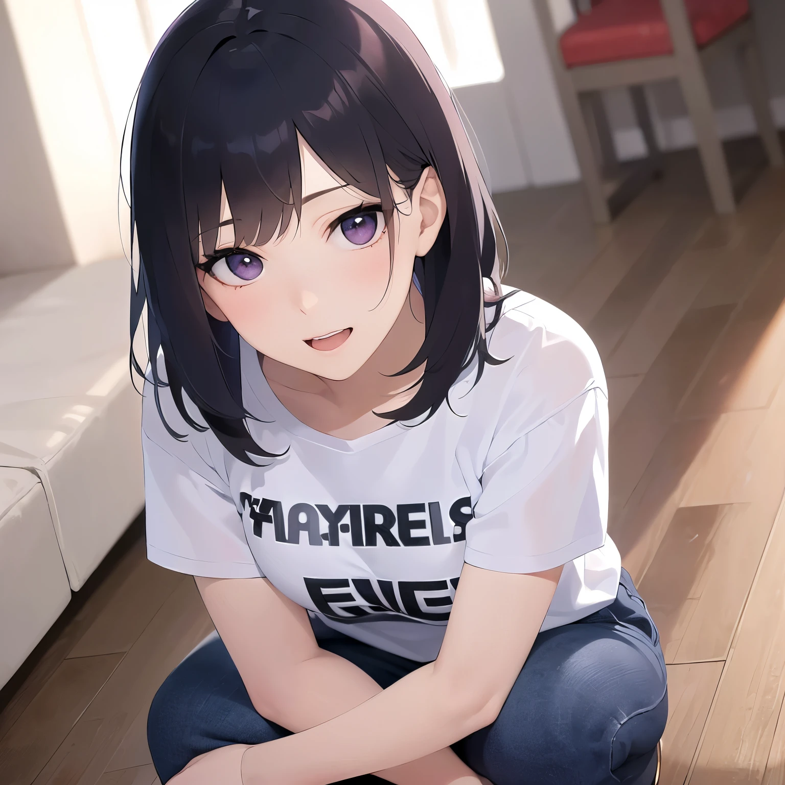 squatting、Shooting from above、smile, Upper Body, Realistic, real person, (pale skin: 1.2), shiny skin, shiny hair、(A 25-year-old woman with straight hair and bangs) and (medium hair) and (black hair) and (purple eyes) , (white) and (T-shirt) 、jeans、open mouth, The background is the living room、Alone、
