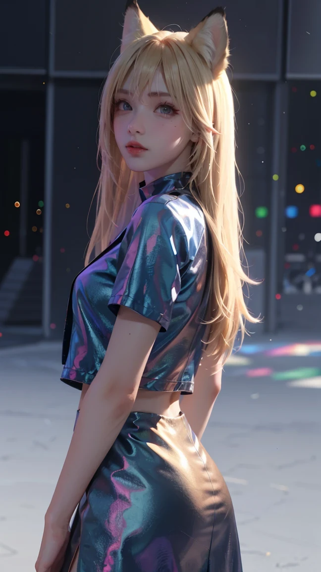 from side,Super Resolution, (Realism: 1.3), 1 (Slim: 1.2) Girl, Solo, Looking at the Audience, League of Legends, Fox, KDA Fox, Blonde Hair, Fox Ears, Fox Tail, Blue Coat, White Top, Black Skirt, Laser, Light Effect, Super Perfect Face, Perfect Eyes, Good Looking,Perfect Eyes