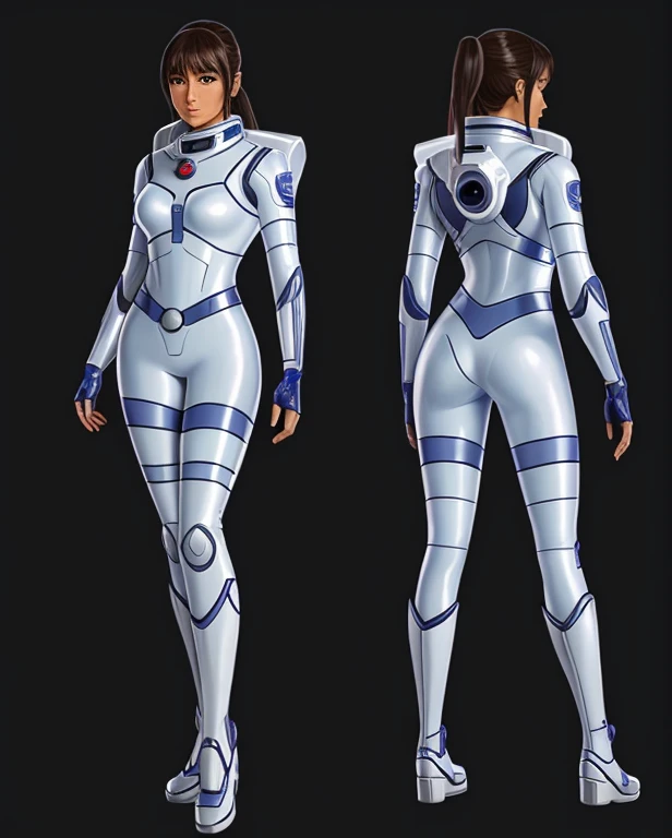 there is a picture of a woman in a space suit, fully space suited, detailed full body concept art, eva unit-00 in the back, futuristic starship crew member, clothed in space suit, scifi character, full body concept art, clothed in cyber armour, space pressurized suit, full portrait of electromancer, full body concept
