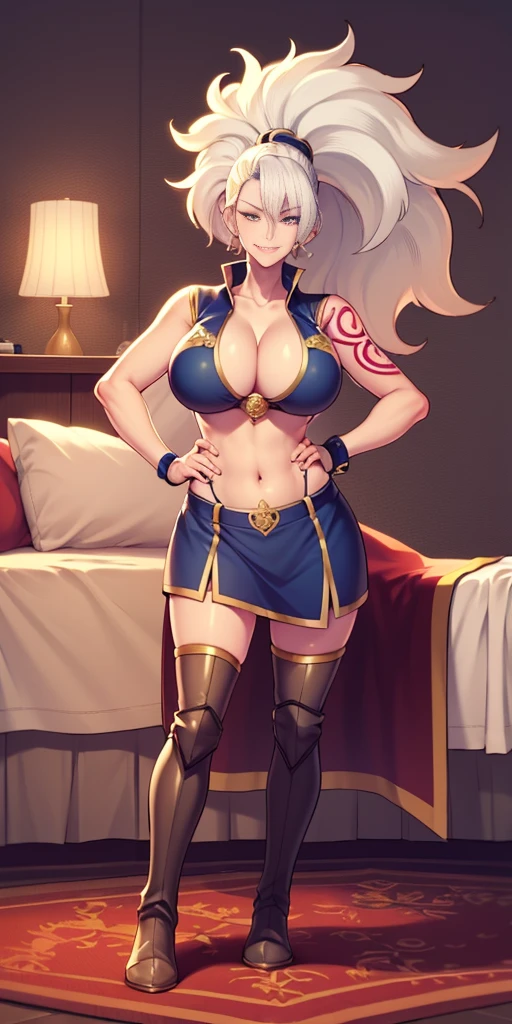 Woman full body toe to head, short bob hair, white silver hair, feet together, high boots, big breast big knockers, hands on hips, red tattoo on belly navel, lustful smirking smile face, bedroom background, royal bedroom