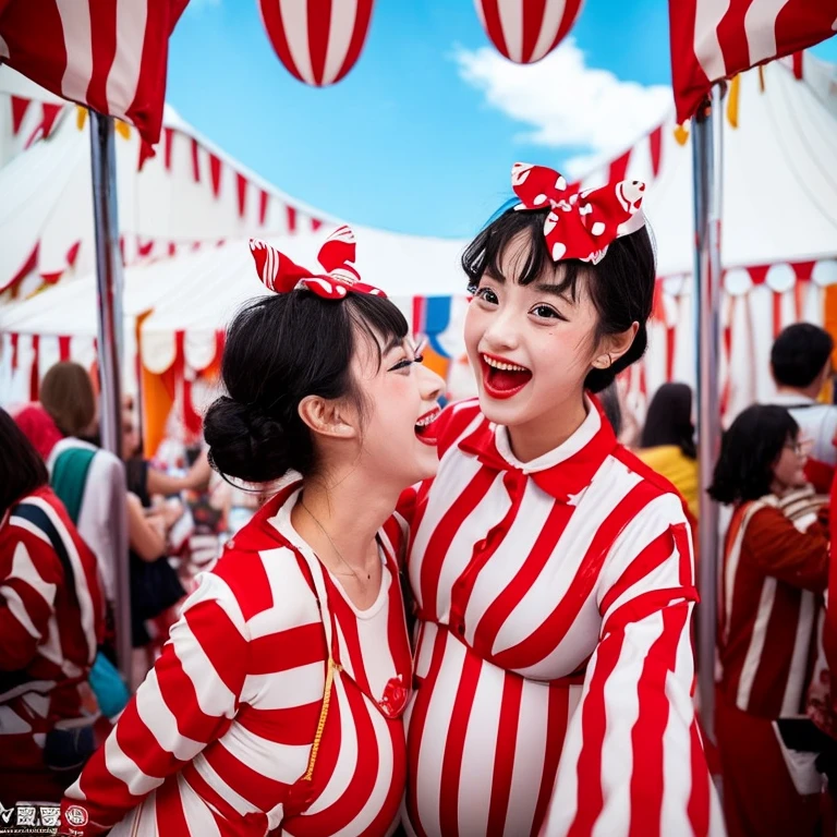 live-action　Girl kindergartener　Multiple people　Inside the circus tent　Twin clowns slowly take off each other&#39;s costumes々He has changed into an enamel rubber suit.　Enamel Zentai　Japanese　Clown makeup　Red and white striped pattern　wet&messy pregnant
