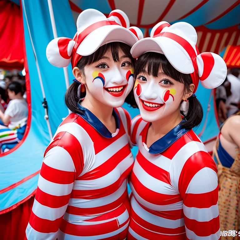 live-action Girl kindergartener Multiple people Inside the circus tent Twin clowns slowly take off each other's costumes々He has changed into an enamel rubber suit. Enamel Zentai Japanese Clown makeup Red and white striped pattern wet&messy pregnant