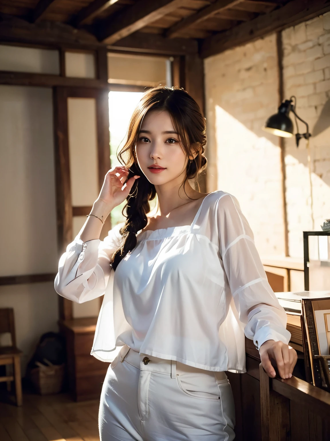 (obra-prima:1.3), (8k, Photorealistic, Fotografia crua, Qualidade de imagem superior: 1.4), High school girls in Japan、(random hairstyles:1.2)、decote do peito:1.2、Rosto super detalhado、Olho de detalhe、double eyelid、Junte seu peito、sharp focus:1.2、mulher bonita:1.4、cabelo castanho claro、Maximum quality、obra-prima、Super high resolution、(Photorealistic:1.4)、Highly detailed and professional lighting smile、Malhas soltas e leves、Ombro para fora、delgado、serious facial expression、cabelo curto、Fatal position