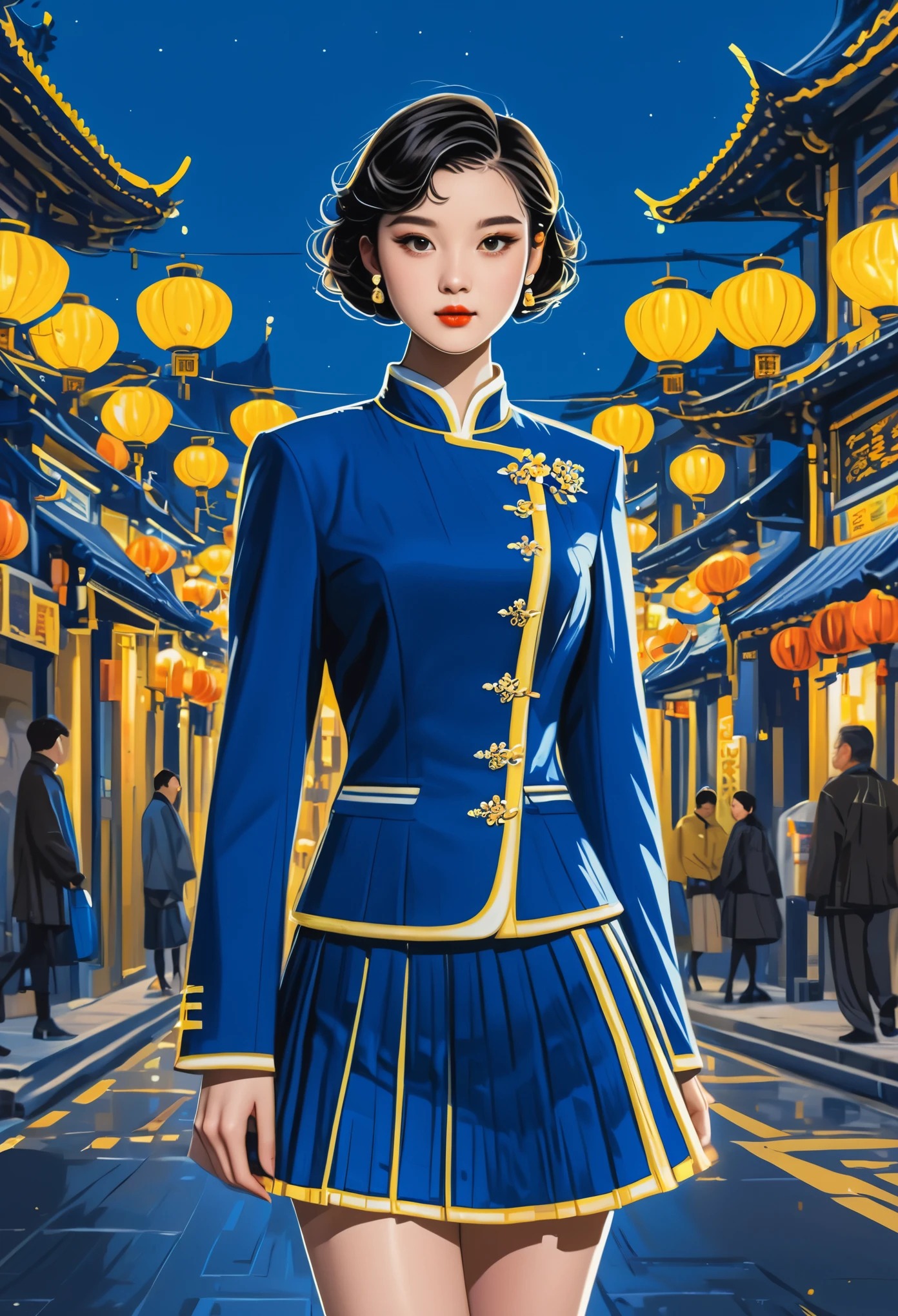 new chinese style,Cute young woman, Black short hair, Brown eyes, Queen,Pleated skirt suit,streetlight,Neon,Bustling street background,(navel:1.1,Princess Eyes), noble, royalties, high quality, masterpiece, Very detailed