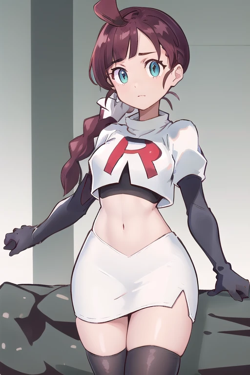 masterpiece, best quality, highres, chl1, 1girl, braided_ponytail, (ahoge:1.1), eyelashes, team rocket,team rocket uniform,white skirt,red letter R,crop top,black thigh-highs,black elbow gloves