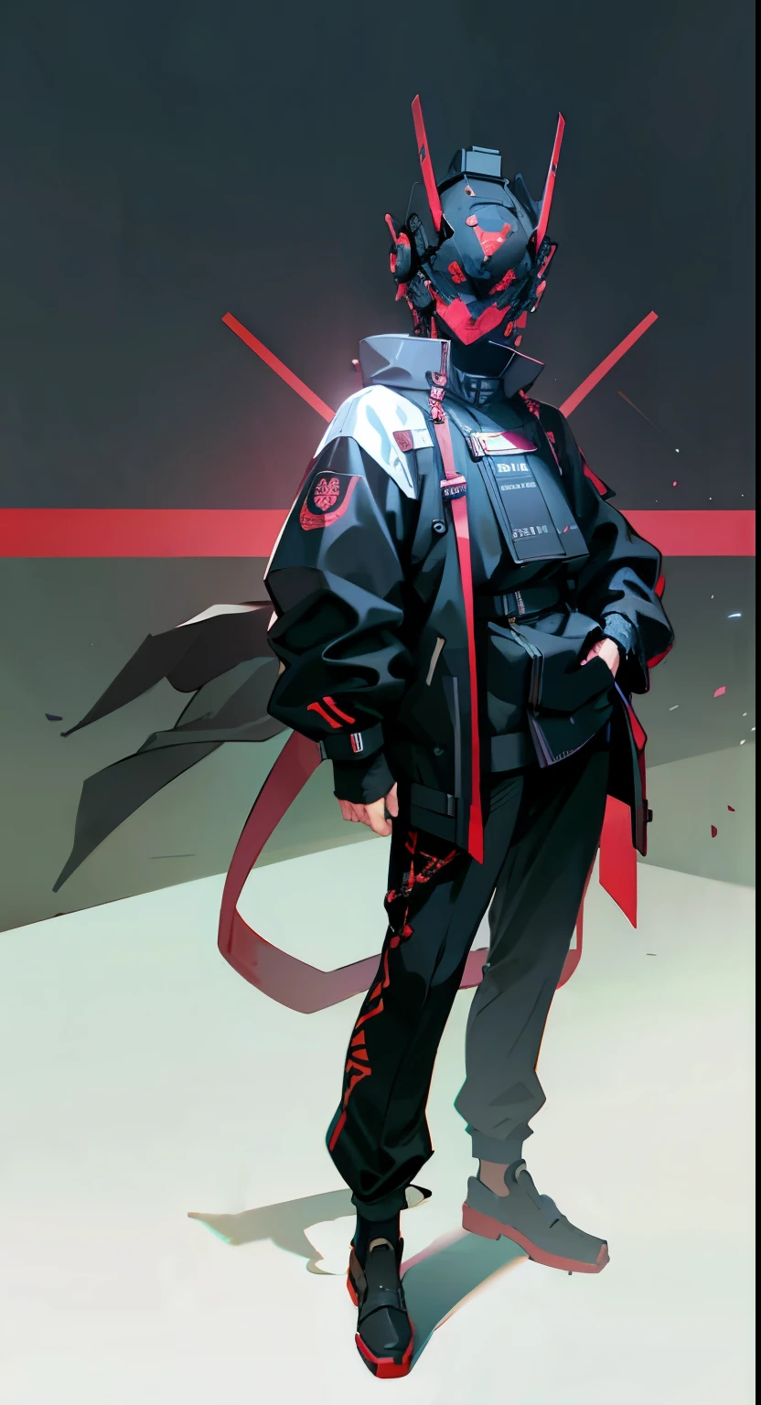 masterpiece, best quality, A close-up shot of a futuristic boy，China is black and impermanent，The traditional image of Hei Wuchang，Tradition meets modernity，Chinese style，Wearing a fantastic cyber helmet，Red triangle LED light and halo on the helmet, Wearing a black Techwear jacket with &quot;Peace in the World&quot; written on it, Full body white background