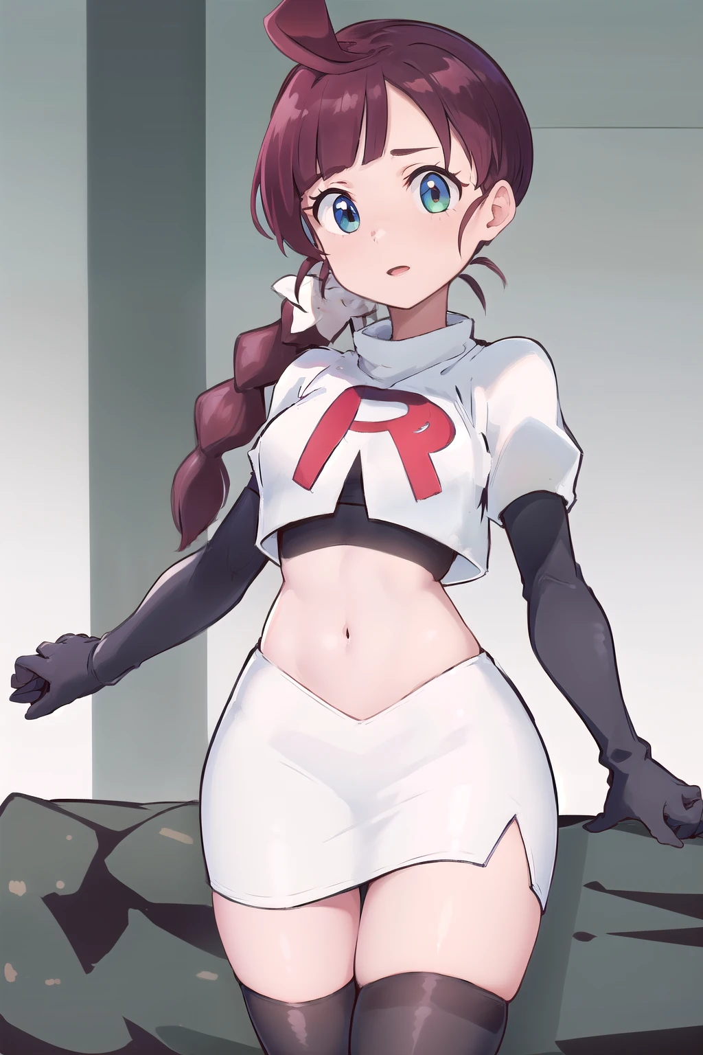 masterpiece, best quality, highres, chl1, 1girl, braided_ponytail, (ahoge:1.1), eyelashes, team rocket,team rocket uniform,white skirt,red letter R,crop top,black thigh-highs,black elbow gloves