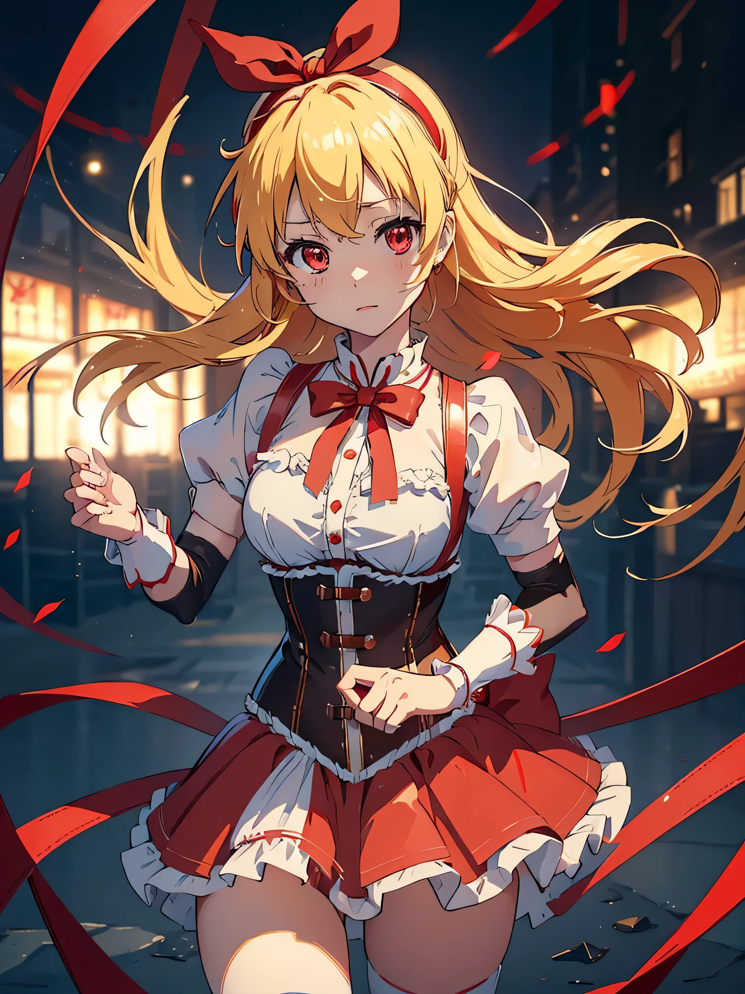 (red ribbon on hairband:1.2),（8K, best quality, muste piece:1.2)、ultra high resolution,1 very cute girl,hosimiya ichigo,ultra-detailed face, detailed eyes,RED eyes,mahou shoujo madoka magica,tomoe mami, blonde hair,magical girl,corset,beret,magical musket,