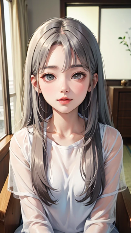 Blushing lightly and smiling, (Top quality masterpiece:1.2) Delicate illustrations, Very detailed, /Beautiful woman Japan in her 30s、1 person,Very cute and slim、Excellent style 、((8K images、super high quality))、Very delicate face, Skin and slightly damp hair、beautiful forehead、Red lipstick,(((((long hair、Gradient Hair、Silver Hair))))),Very cute Japanese cut face、Eyes and nose are clearly visible、Kind eyes,(White shirt、Slightly see-through underwear)、Hotel Rooms、Night view