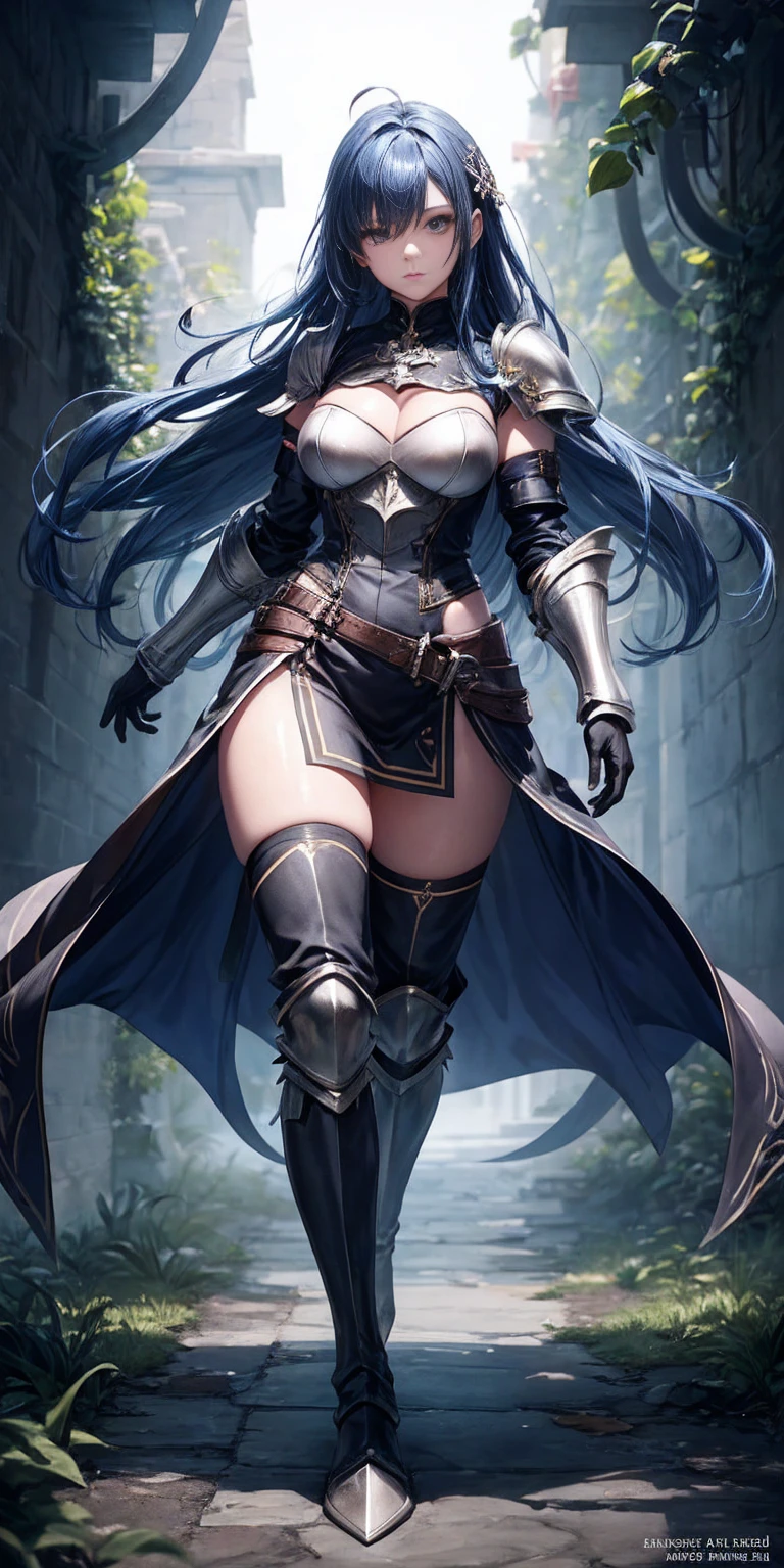 full body, blue breastplate, blue skin, looking at viewer, shiny, armor, thigh highs, high boots, shoulder armor, faulds, poleyn, gloves, gauntlets