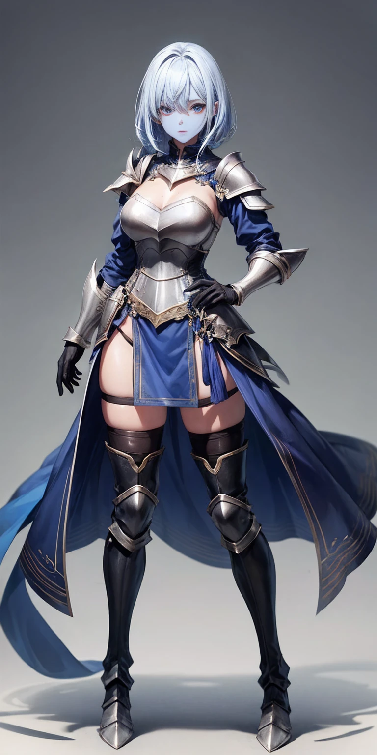 full body, blue breastplate, blue skin, looking at viewer, shiny, armor, thigh highs, high boots, shoulder armor, faulds, poleyn, gloves, gauntlets