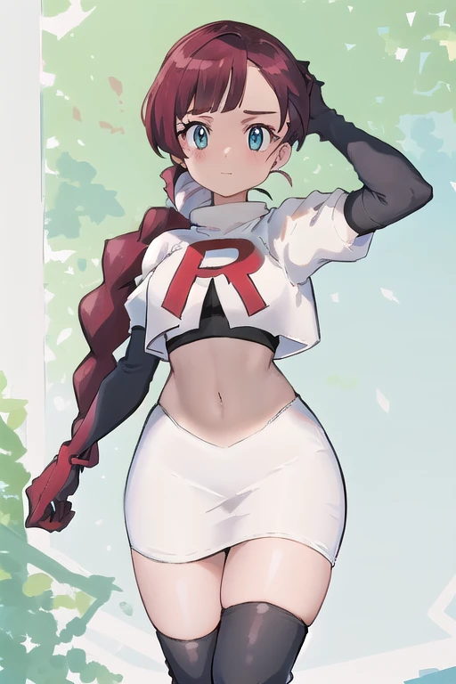 masterpiece, best quality, highres, chl1, 1girl, braided_ponytail, (ahoge:1.1), eyelashes, team rocket,team rocket uniform,white skirt,red letter R,crop top,black thigh-highs,black elbow gloves