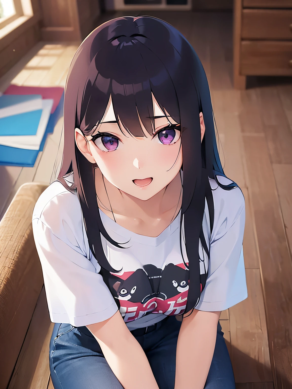 1 girl、19-year-old female、Asian、cute、Black Hair、alone、Beautiful smile、Looking up、On the bed、Casual clothing、