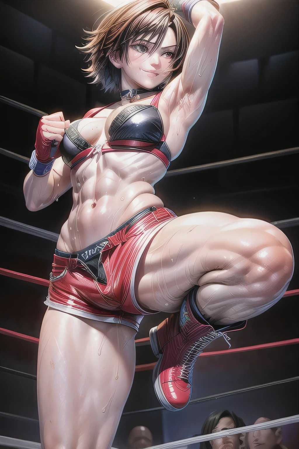 1girl,18yo,perfect hands, perfect finger,perfect anatomy,masterpiece, best quality,realistic, hyperrealistic, 16k hdr,,HINOMOTO_REIKO,large BREASTS,SHORT HAIR,(BLACK HAIR:1.1),NAVEL, CLEAVAGE, BROWN EYES,BOOTS,CHOKER,MIDRIFF, FINGERLESS GLOVES,(RED SHORT SHORTS,red bra),(sweat:1.1),(boxing ring,spot light), (Standing on one leg:1.2), (standing split:1.3), Hand lifting one leg ,erected nipples,dynamic pose,dynamic angle,(smile:1.2),(from below:1.2)