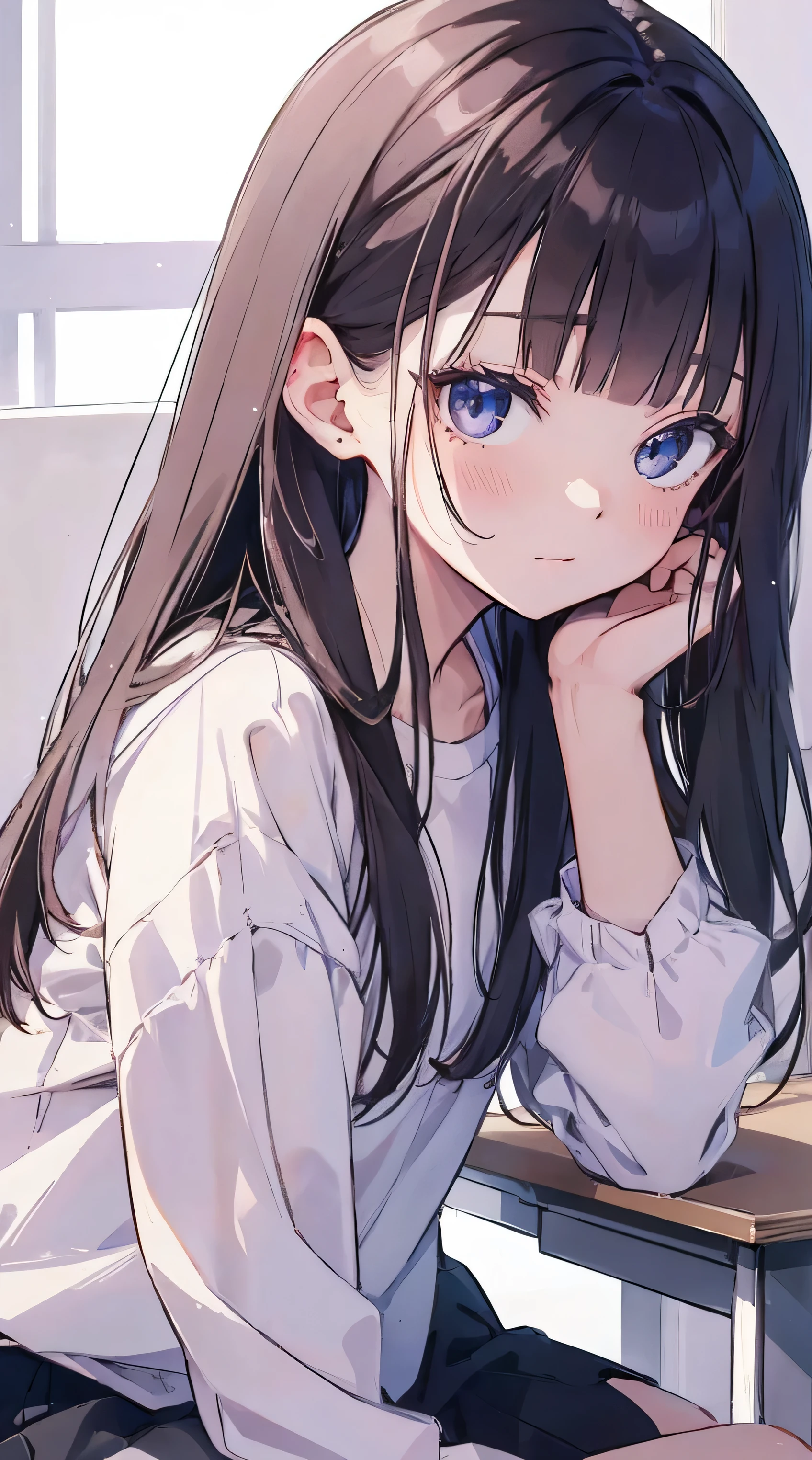 Masterpiece、Highest quality、highest quality、(((Lori)))、 ((((Petite))))、Shiny hair quality、Small face、Sitting、Super detailed, beautiful, wide eyes、Ultra-detailed, clear and beautiful faces、(cute illustration:1.2), High-resolution, ultra-detailed, best quality, embarrassed