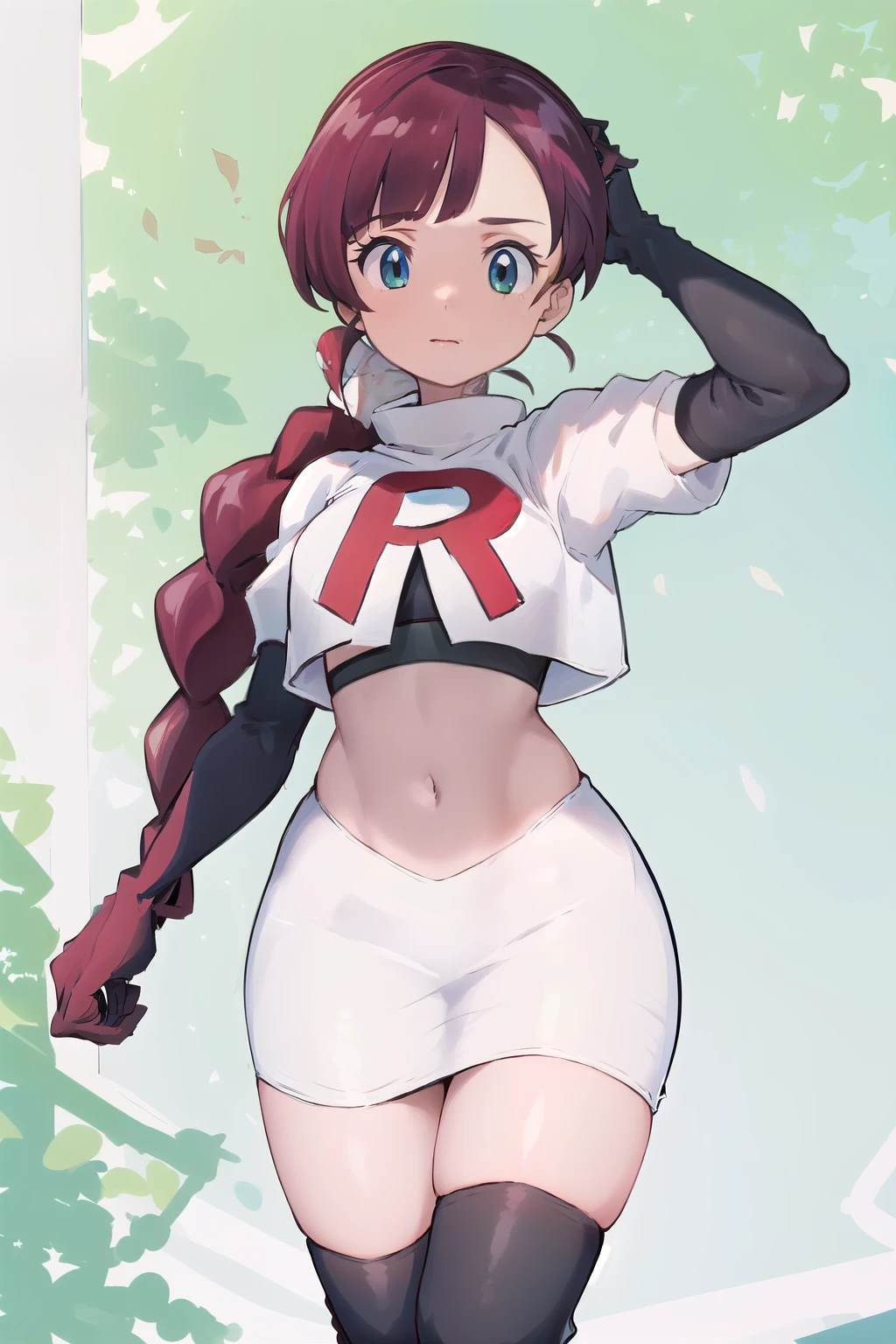 masterpiece, best quality, highres, chl1, 1girl, braided_ponytail, (ahoge:1.1), eyelashes, team rocket,team rocket uniform,white skirt,red letter R,crop top,black thigh-highs,black elbow gloves